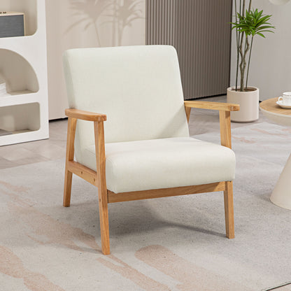 Mid-Century Modern Accent Chair Retro Fabric Armchair Wooden Arm Upholstered Lounge Chair for Living Room Cream White Accent Chairs Cream  at Gallery Canada