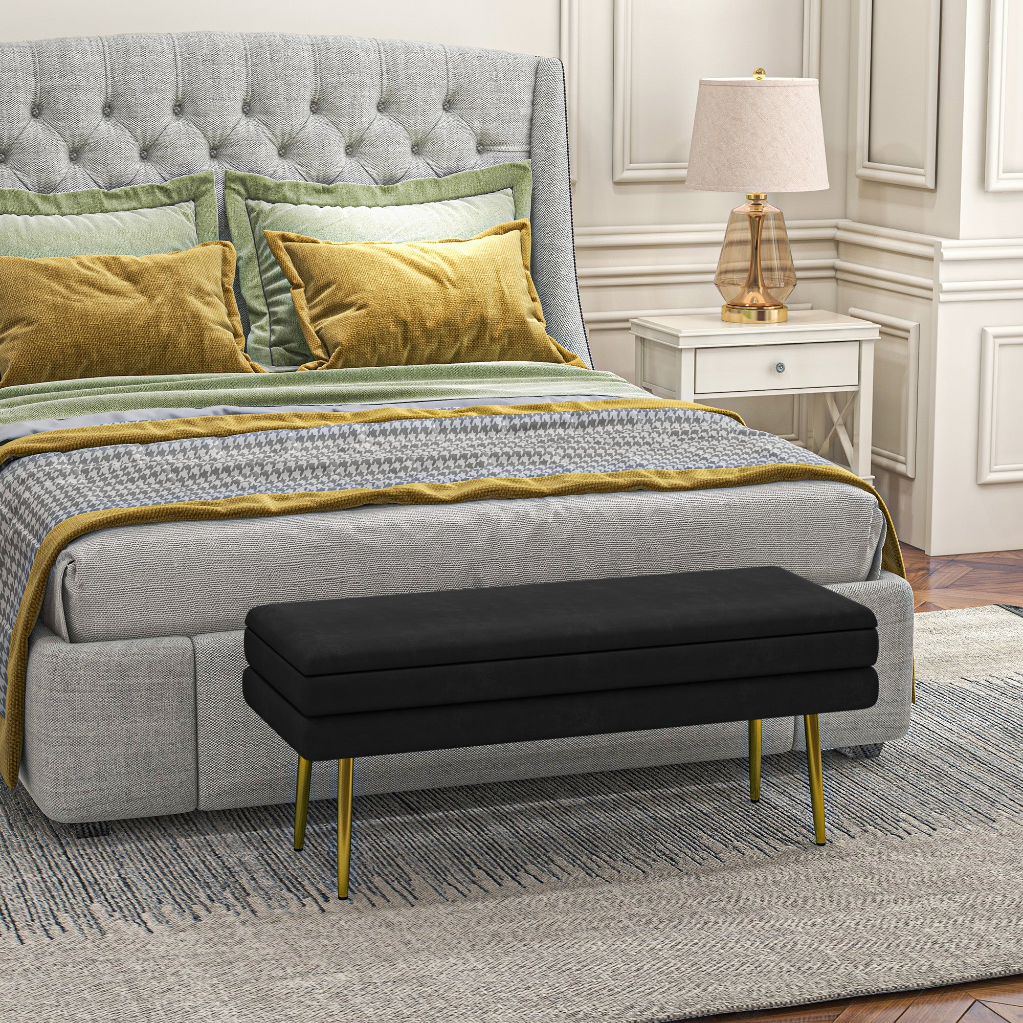 End of Bed Bench, Velvet-feel Upholstered Bench with Thick Padded Seat and Steel Legs, Modern Bedroom Bench, Black Storage Ottomans & Benches   at Gallery Canada