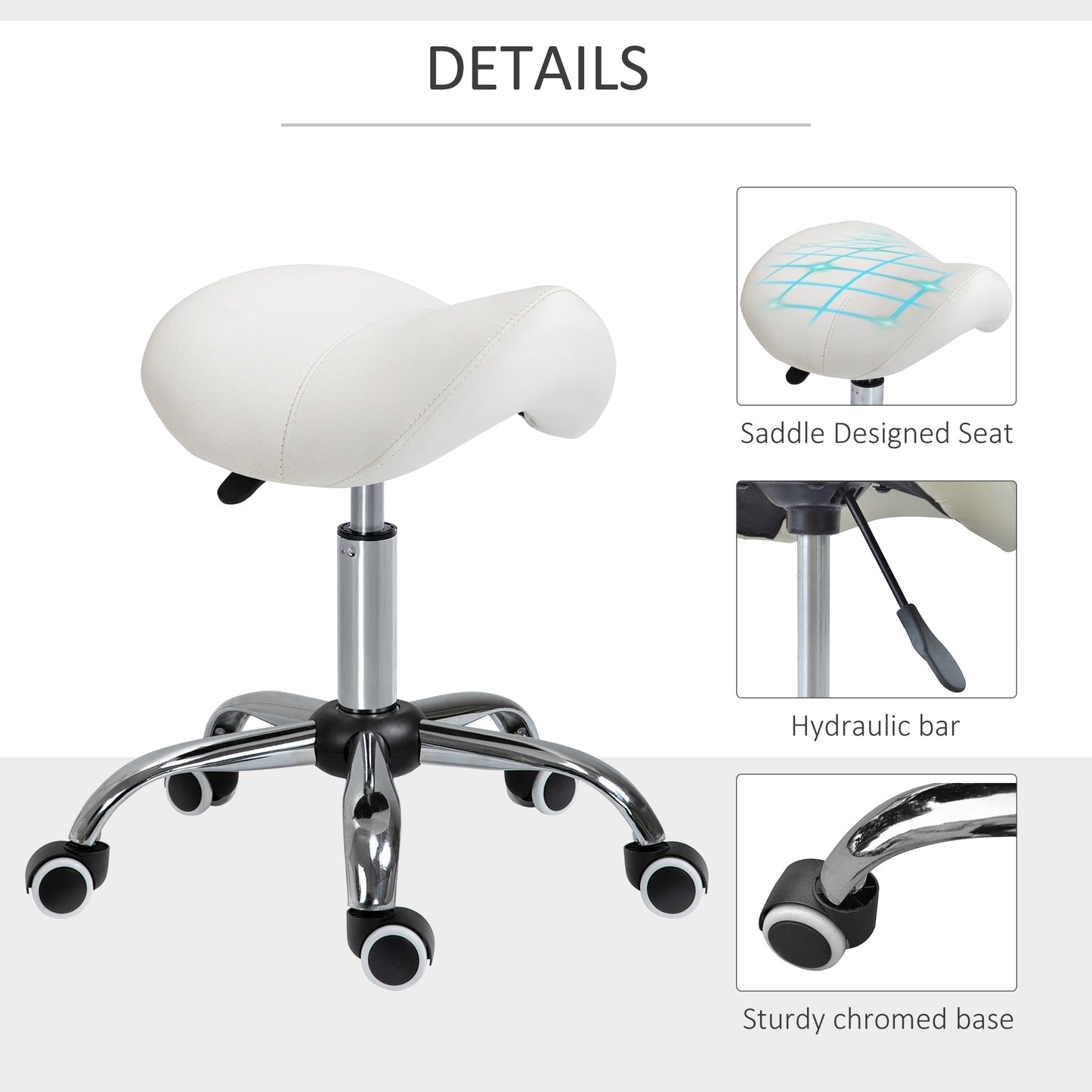 Adjustable Hydraulic Rolling Salon Stool Swivel Saddle Chair Spa Beauty Seat PU Leather, Cream White Salon Stools   at Gallery Canada