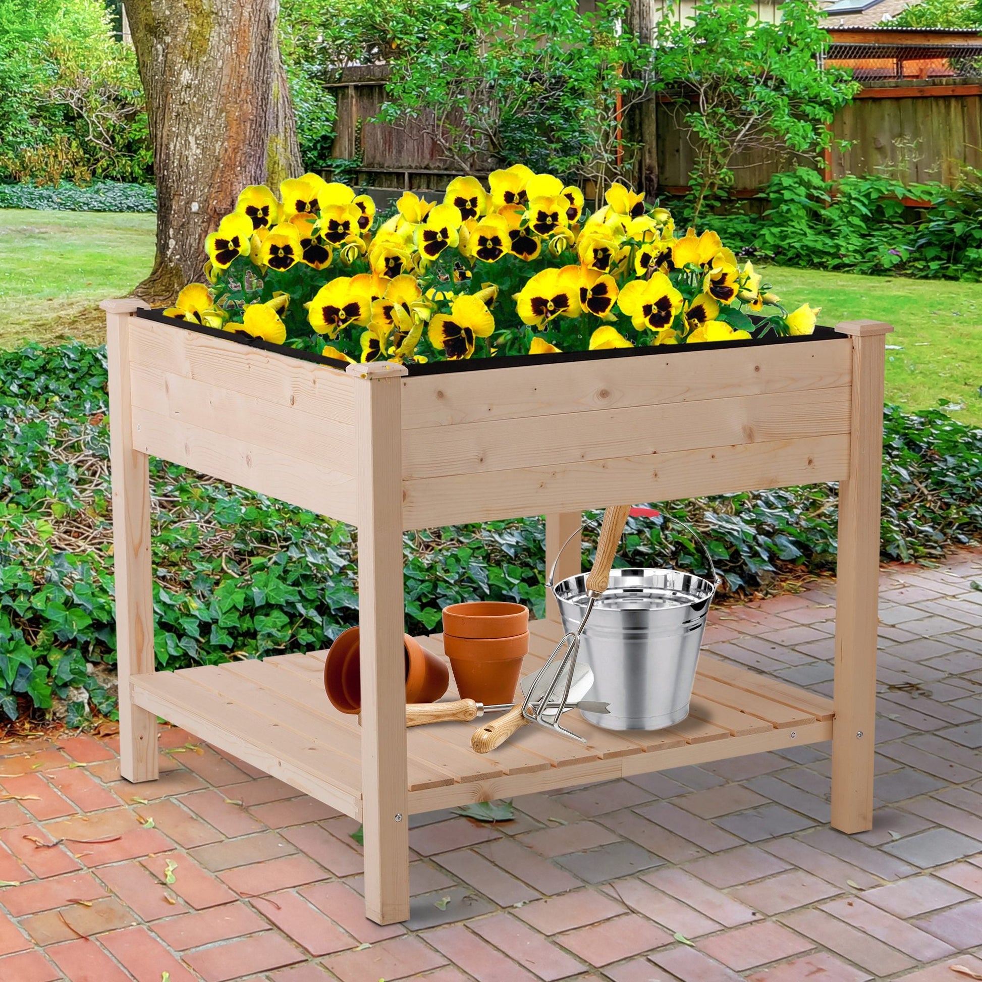 Wooden Raised Garden Bed with Liner, Drainage, Shelf, Legs, 35.75"x35.75", Natural Elevated Garden Beds   at Gallery Canada