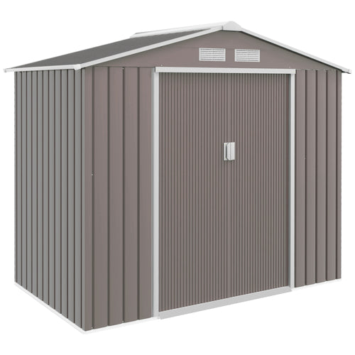 7' x 4' x 6' Garden Storage Shed Outdoor Patio Metal Tool Storage House w/ Foundation Kit and Double Doors Light Brown