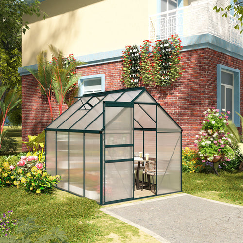 6' x 8' x 6.5' Polycarbonate Greenhouse, Walk-in Green House with Adjustable Roof Vent Galvanized Base Sliding Door Rain Gutter for Outdoor Garden Backyard, Green