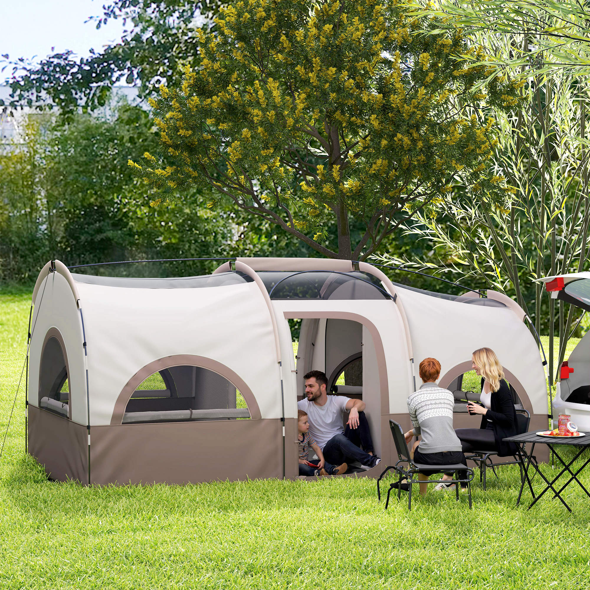 4-6 Person Camping Tent, 3 Room Cabin Tent, 3000mm Waterproof and UPF30+ with Sewn in Groundsheet and Carry Bag, Khaki Camping Tents at Gallery Canada