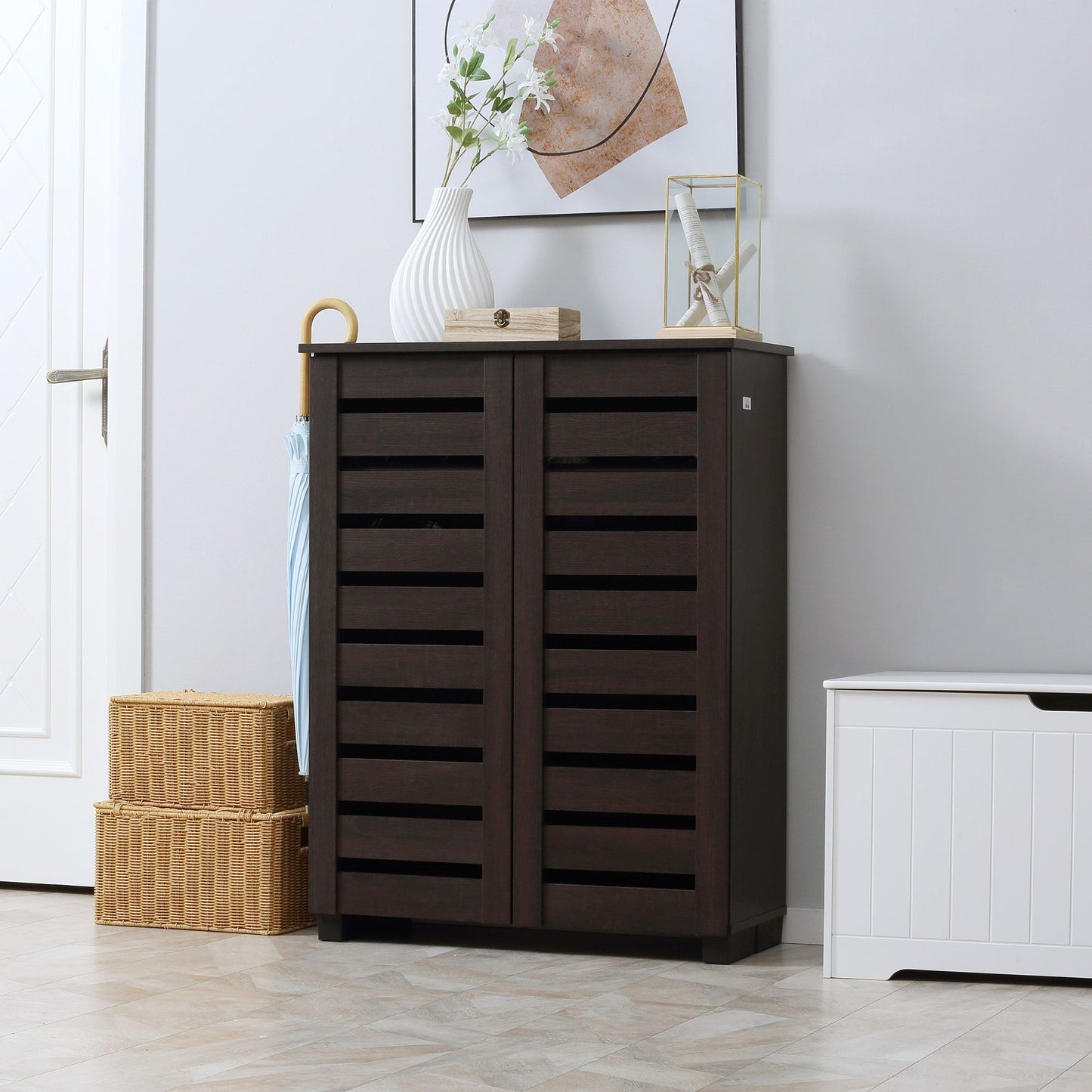 Slim Shoe Cabinet 2 Slatted Doors, 5-tier Shelving Cupboard for 15 Pairs of Shoes, Narrow Entryway Storage Unit, Dark Brown Shoe Storage Cabinets & Racks   at Gallery Canada