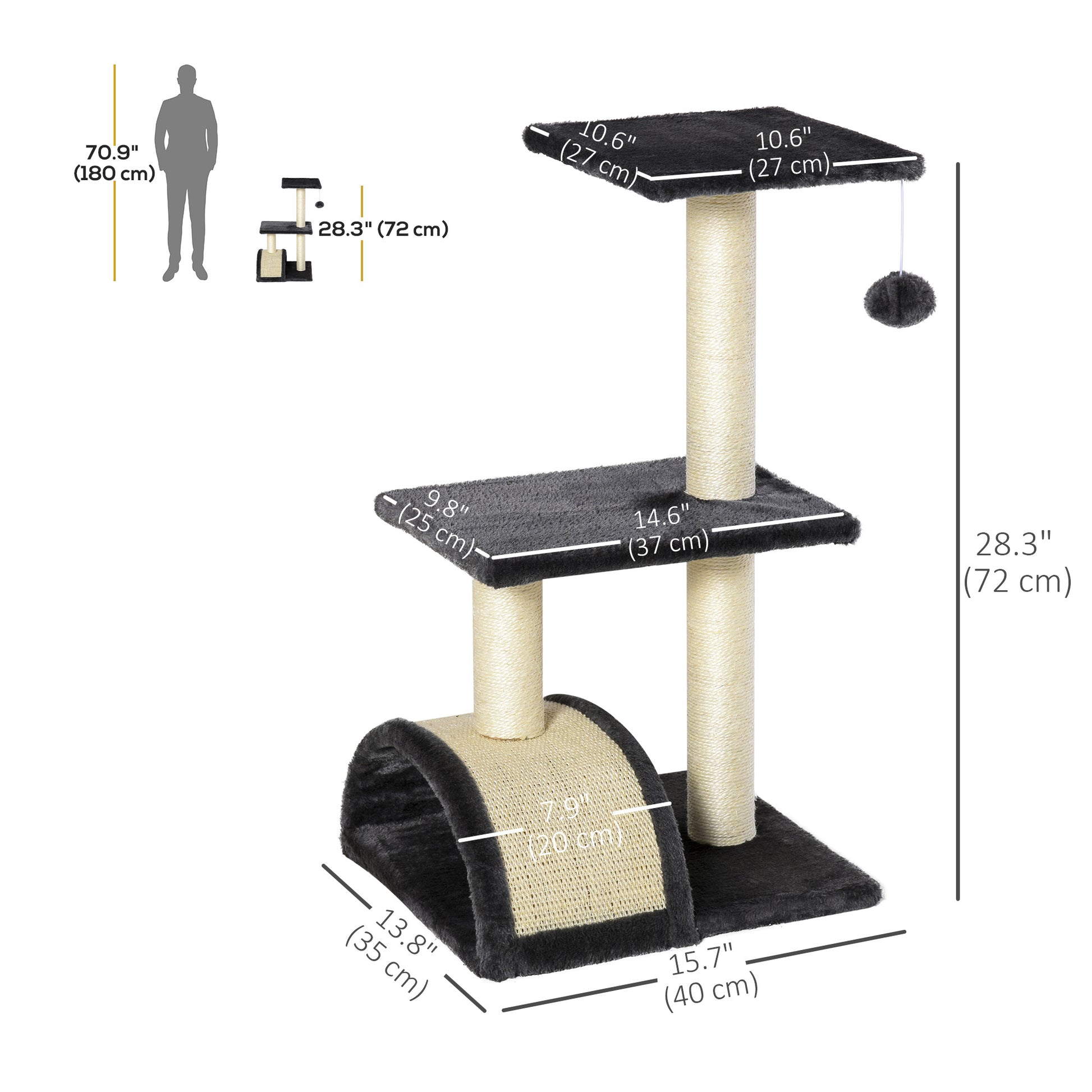 28" Cat Tree with Scratching Post, Pad, Toy Ball for Indoor Cats, Grey Cat Towers Multi Colour  at Gallery Canada