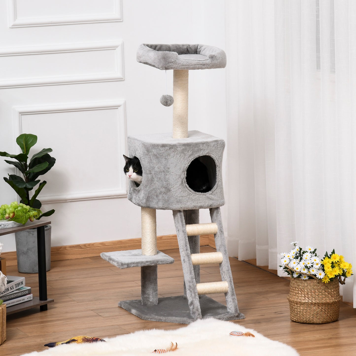 47" Tall Cat Tree Tower with Condo, Ladder, Scratching Posts and Hanging Ball, Light Grey Cat Towers   at Gallery Canada