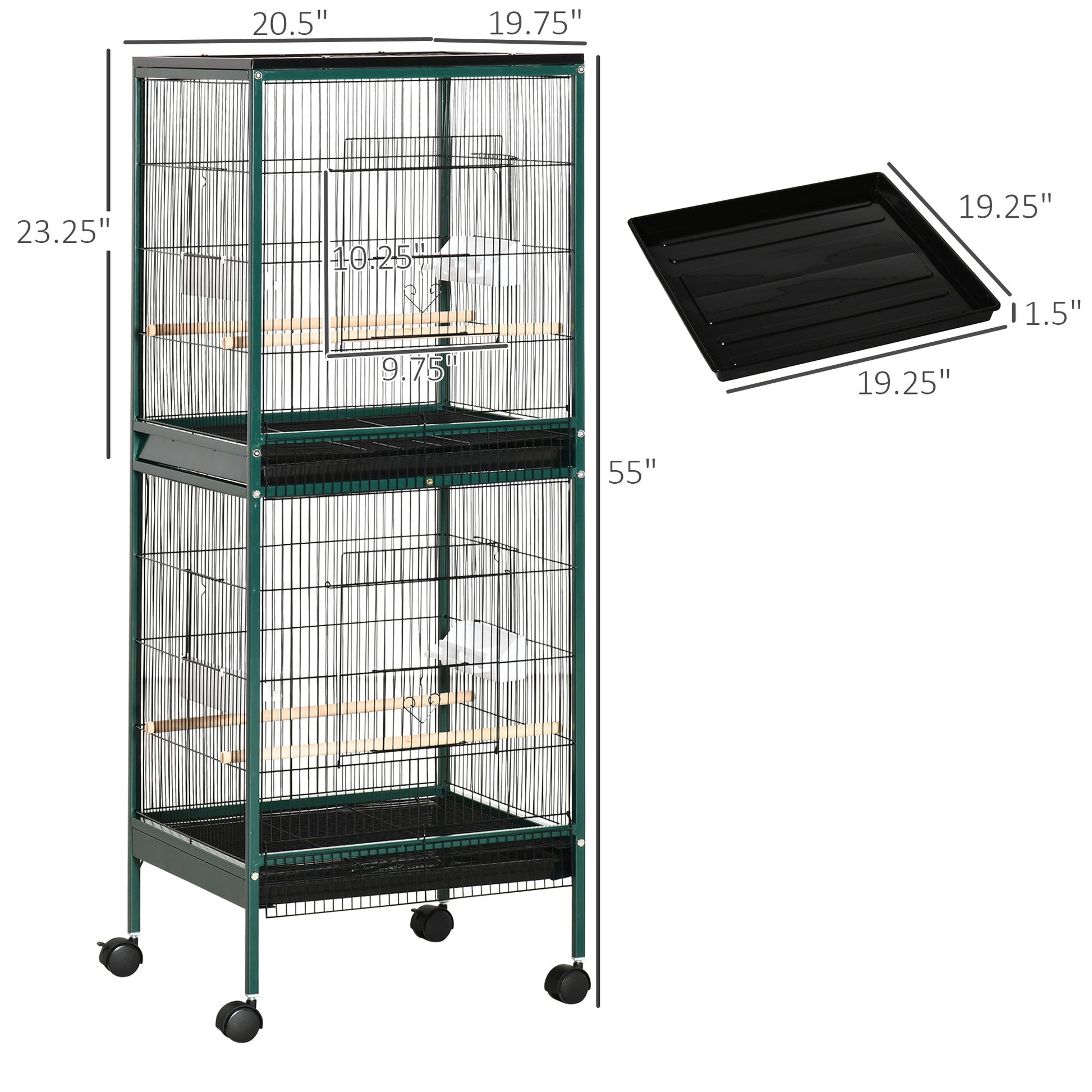 55.1" 2 In 1 Bird Cage Aviary Parakeet House for finches, budgies with Wheels, Slide-out Trays, Wood Perch, Green - Gallery Canada