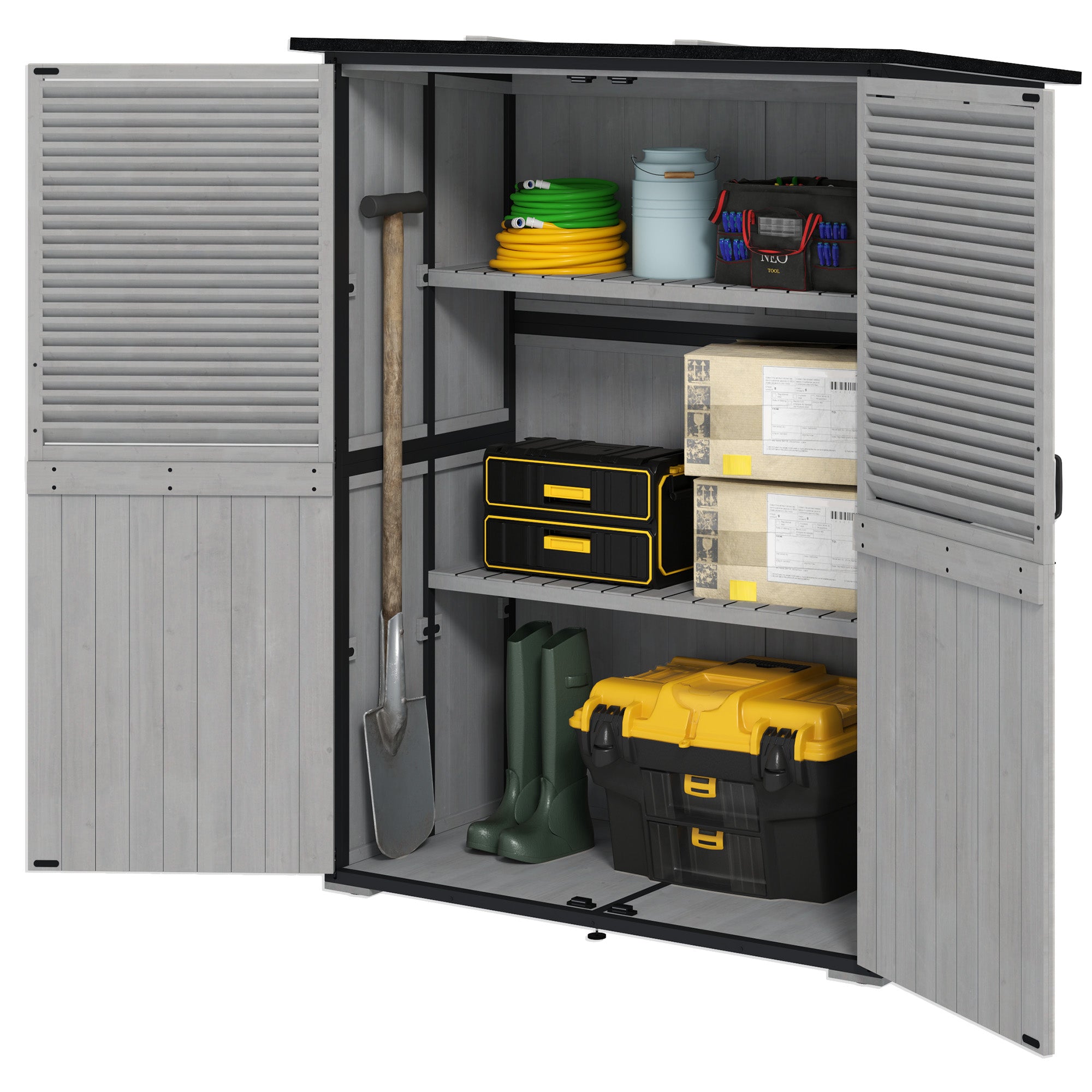 Outdoor Storage Cabinet, Wood Garden Shed with Steel Frame, Asphalt Roof, 2 Shelves and Lockable Doors, Grey Sheds Grey, Black at Gallery Canada