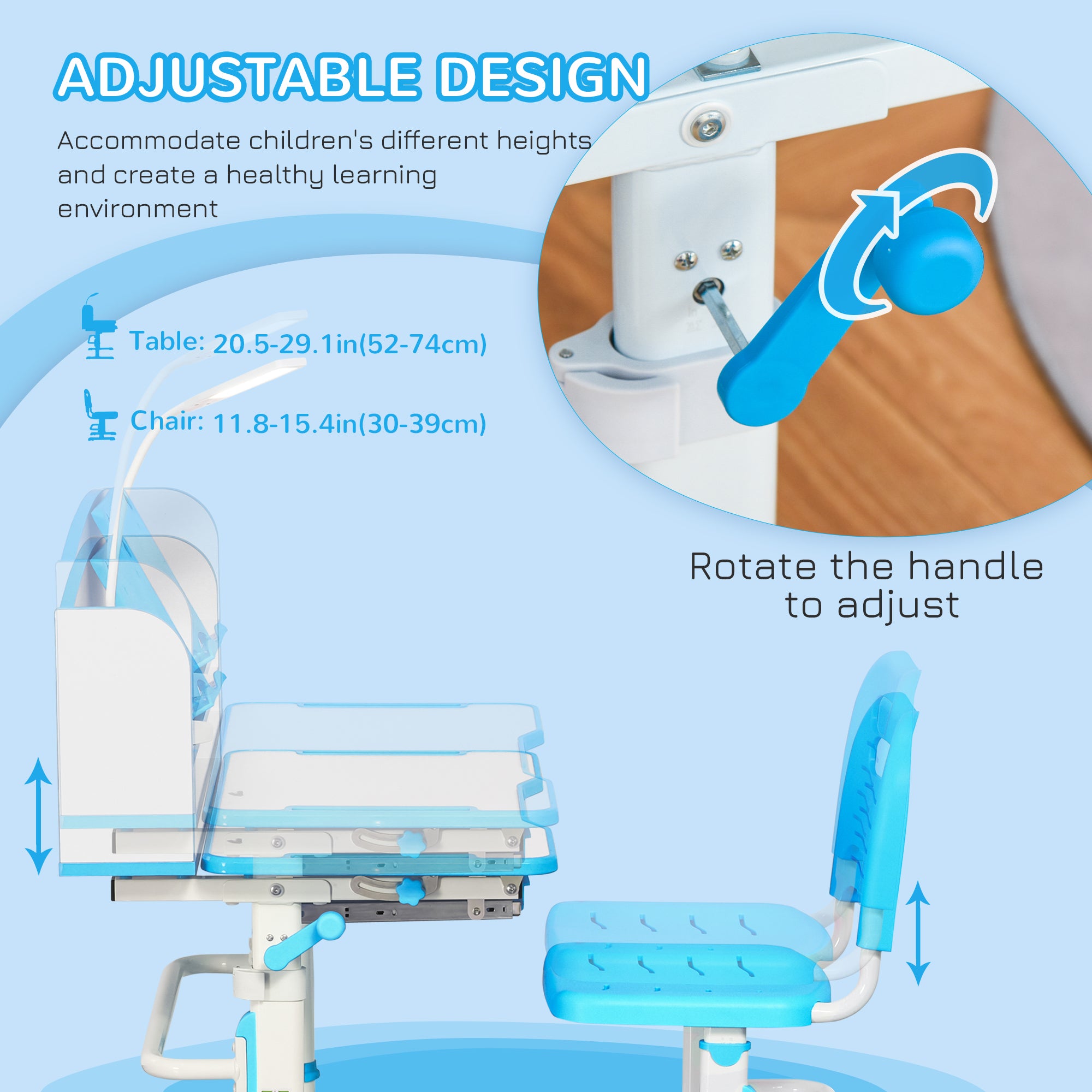 Kids Desk and Chair Set with Easy Rotation Handle, Height Adjustable Study Table and Chair Set with LED Lamp, Bookshelf, Drawer, Reading Board, Pen Slot, Hook, Blue Kids Desk Sets at Gallery Canada