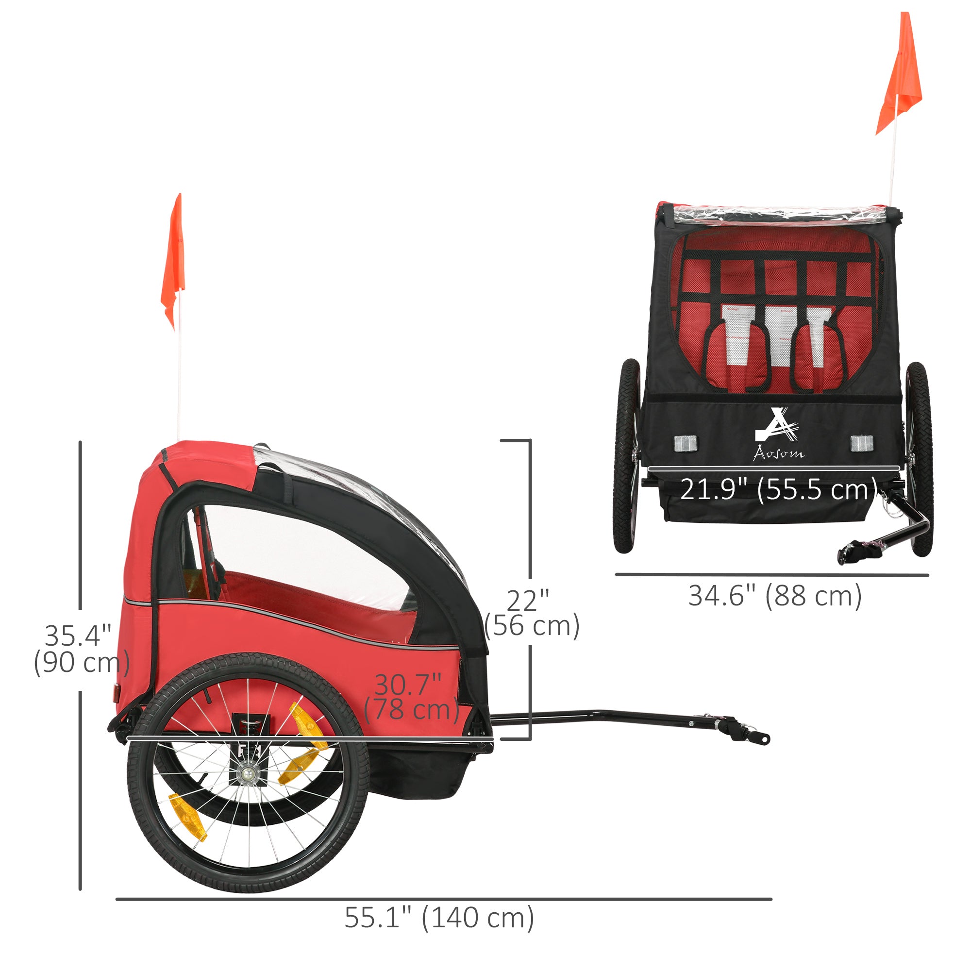 2 Seat Bike Trailer for Kids, Baby Stroller with Storage Bag, 5 Point Harness, Bicycle Trailer with 20