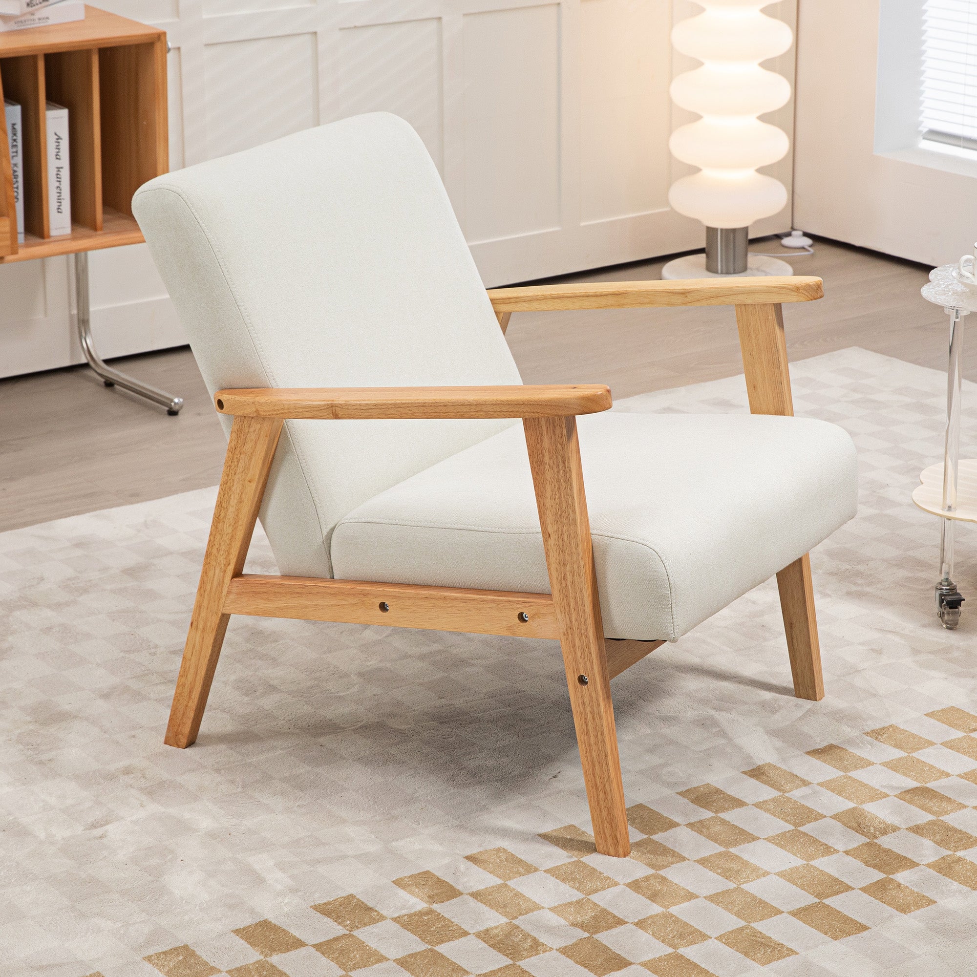 Mid-Century Modern Accent Chair Retro Fabric Armchair Wooden Arm Upholstered Lounge Chair for Living Room Cream White Accent Chairs   at Gallery Canada