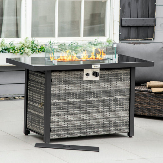 Propane Fire Pit Table 43" Outdoor Square Fire Table, 50,000 BTU Pulse-Ignition Wicker Firepit Furniture with Glass Wind Guard, Blue Glass Rock, CSA Certification, Grey - Gallery Canada