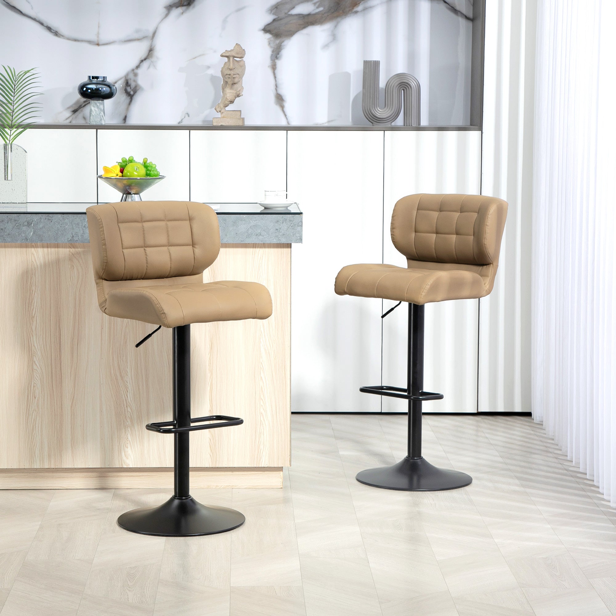 Swivel PU Leather Barstools Set of 2 Adjustable Bar Stools with Footrest Back for Kitchen Counter Dining Room Khaki Bar Stools Khaki  at Gallery Canada