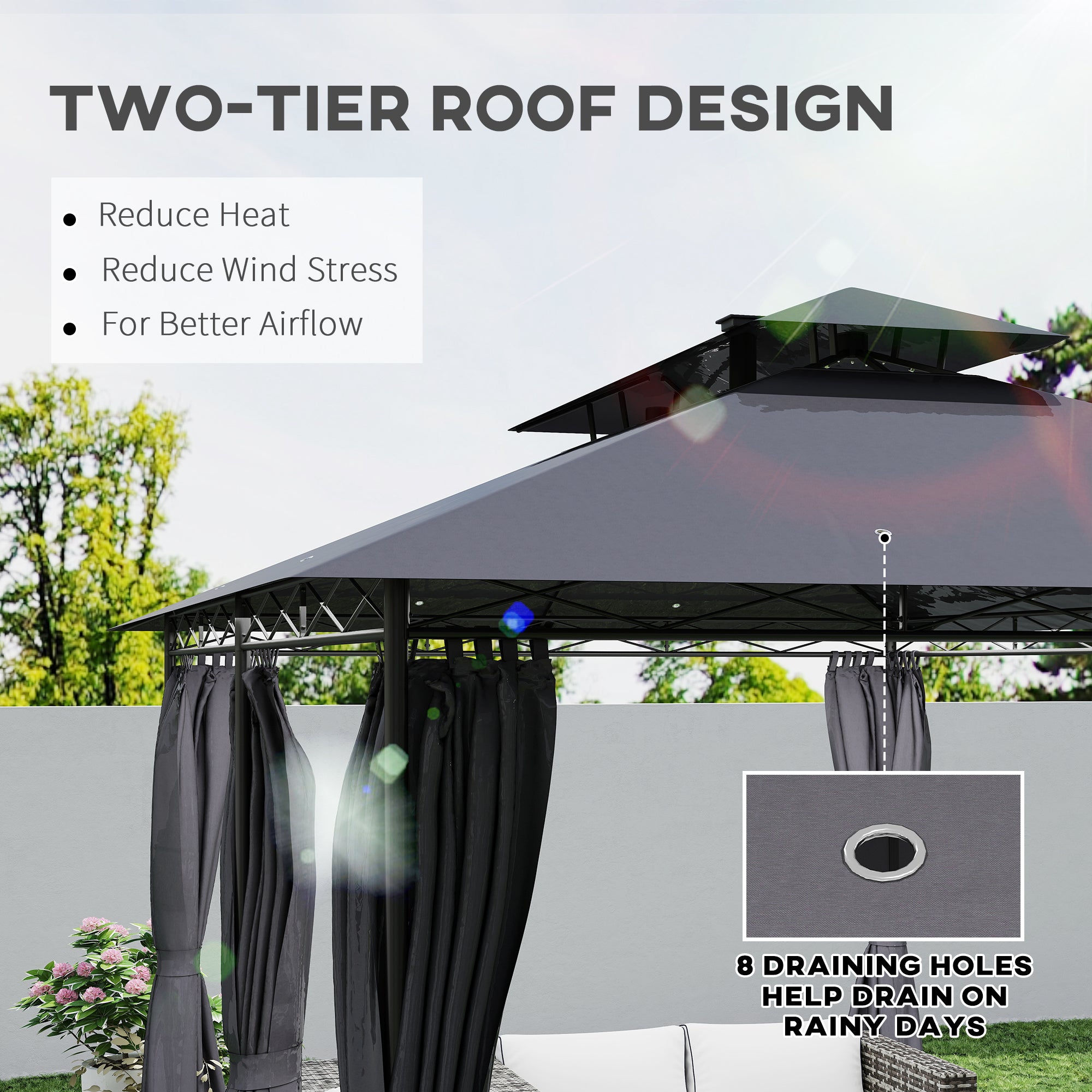10' x 13' Outdoor Gazebo with Curtains and Solar-Powered LED Lights, Double Roof Patio Gazebo Canopy Shelter Gazebos at Gallery Canada