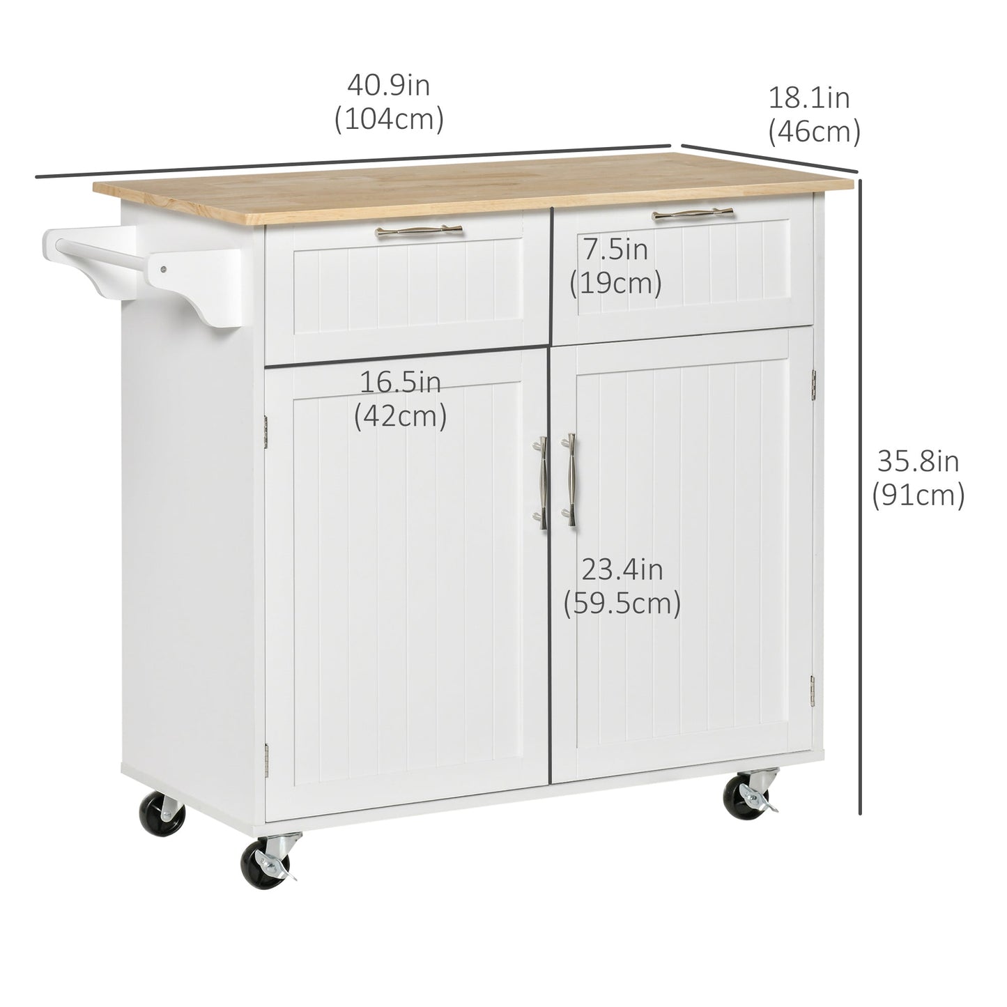 Rolling Kitchen Island with Storage Drawers, Kitchen Cart with Rubber Wood Top, Cabinet &; Towel Rack, White Kitchen Islands & Kitchen Carts   at Gallery Canada