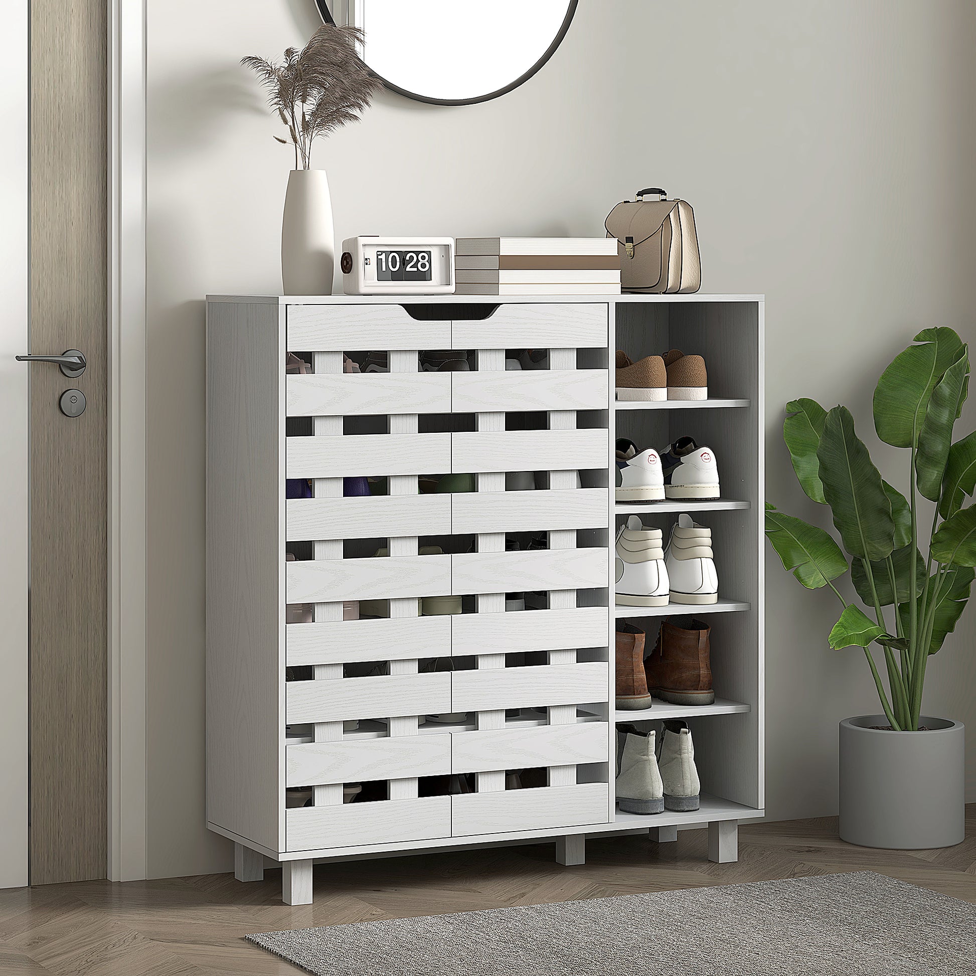 Shoe Cabinet, 21 Pair Shoe Storage Cabinet Organizer with 5-tier Double Door Cupboard and 5-tier Open Shelves, White Shoe Storage Cabinets & Racks White  at Gallery Canada