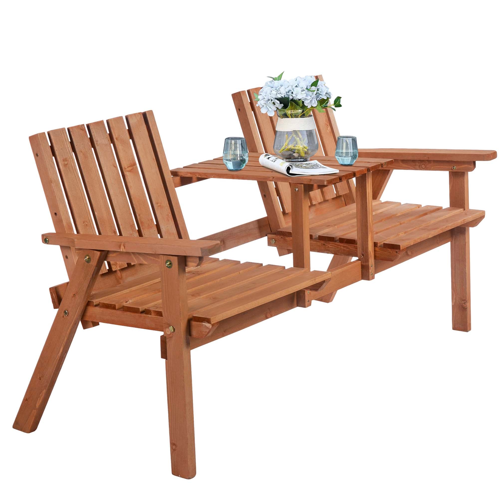 Garden Bench for 2 Persons with Middle Table and Umbrella Hole, 2-Seater Outdoor Wooden Bench with Slat Design, Orange Outdoor Benches Natural at Gallery Canada