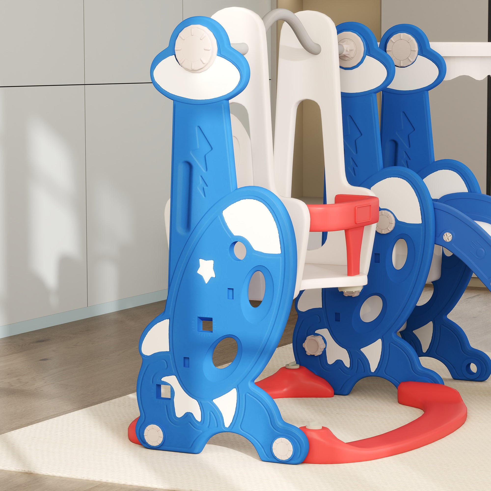 4-in-1 Slide and Swing Set with Basketball Hoop, Climber, for Ages 1.5-4 Boys Girls Toddler, Rocket Themed, Dark Blue Gym Sets & Swings at Gallery Canada
