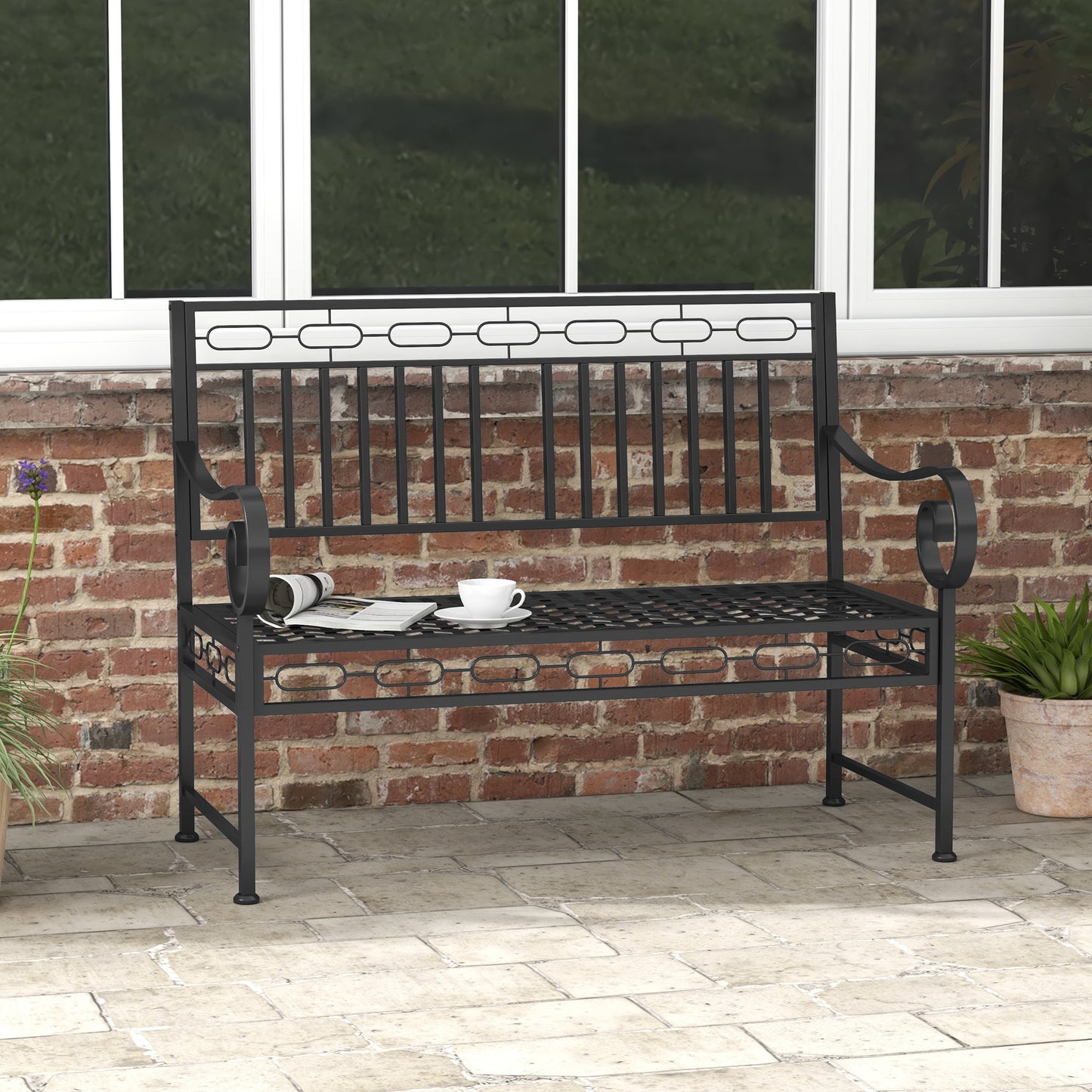 44" Metal Park Bench, 2 Seater Garden Bench with Decorative Backrest and Grid Seat for Patio, Backyard, Lawn, Black Outdoor Benches   at Gallery Canada