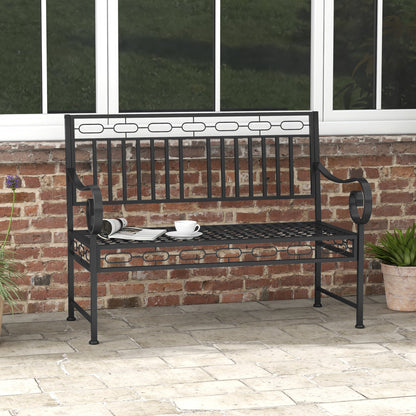 44" Metal Park Bench, 2 Seater Garden Bench with Decorative Backrest and Grid Seat for Patio, Backyard, Lawn, Black Outdoor Benches   at Gallery Canada