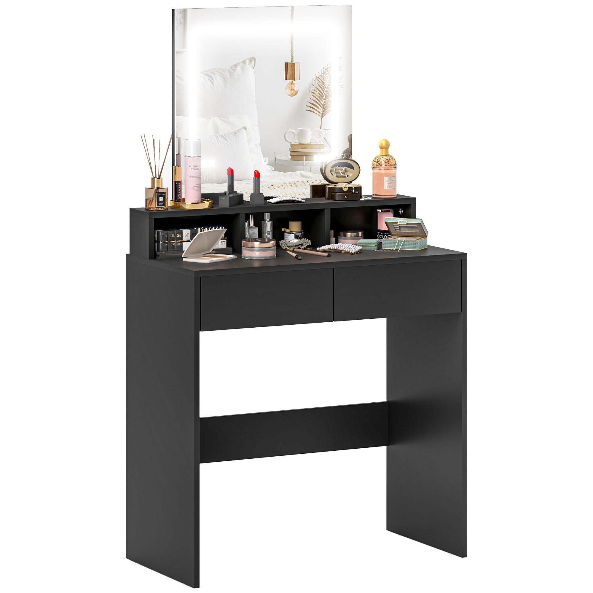 Makeup Vanity Desk with Mirror and LED Lights, for Bedroom, Modern Dressing Table with Drawers, Compartments, Black Dressing & Vanity Tables   at Gallery Canada