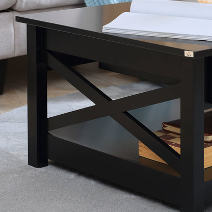 Coffee Table with Storage, Farmhouse Living Room Table with Drawers and Open Shelf, Centre Table with X-frames, Black Coffee Tables   at Gallery Canada