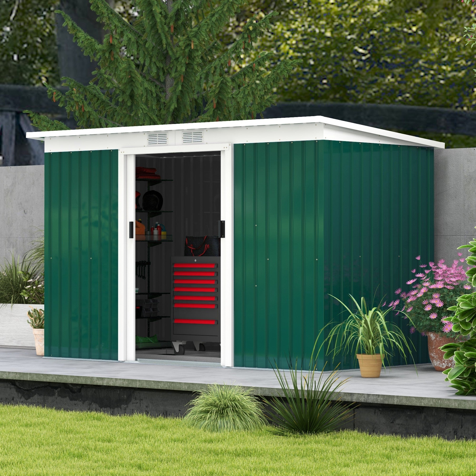 9' x 4' Garden Metal Storage Shed Outdoor Equipment Tool Box with Foundation Kit, Ventilation &; Doors, Dark Green Sheds   at Gallery Canada