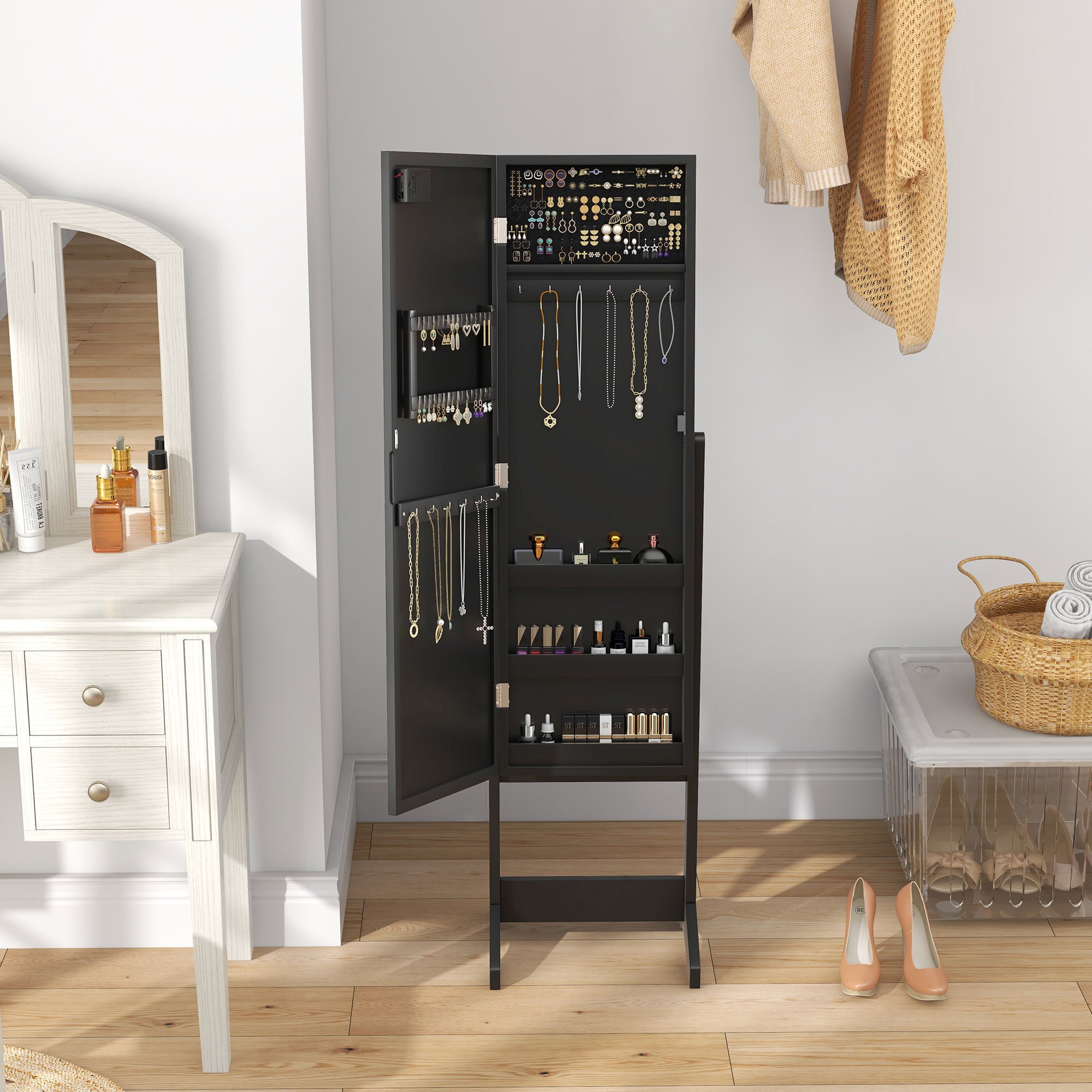 Free Standing Armoire Organizer, Lighted Mirrored Jewelry Cabinet w/ Angle Adjustable &; 16 LED Lights Black Jewelry Armoire & Jewellery Mirror Cabinets at Gallery Canada