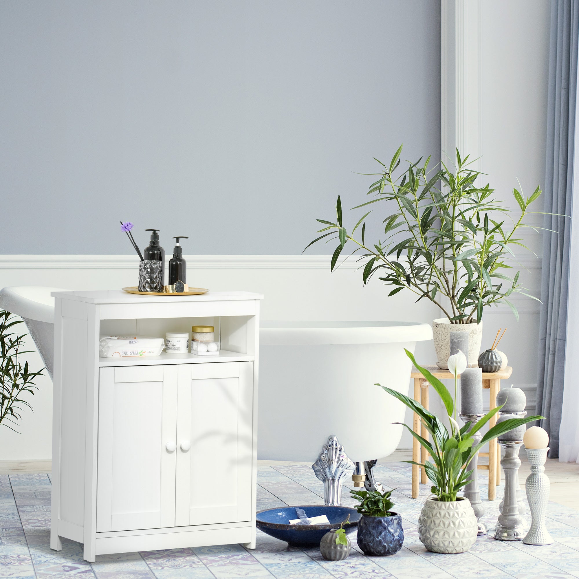 Accent Cabinet, Wood Free Standing Storage Organizer with Double Doors and Adjustable Shelf for Living Room, Kitchen, White Bathroom Cabinets at Gallery Canada
