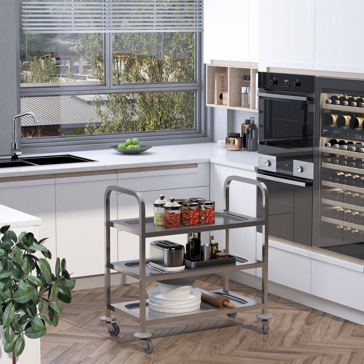 Stainless Steel 3-Tier Kitchen Trolley, 330LBS Capacity, Rolling Utility Cart, Silver Kitchen Islands & Kitchen Carts   at Gallery Canada