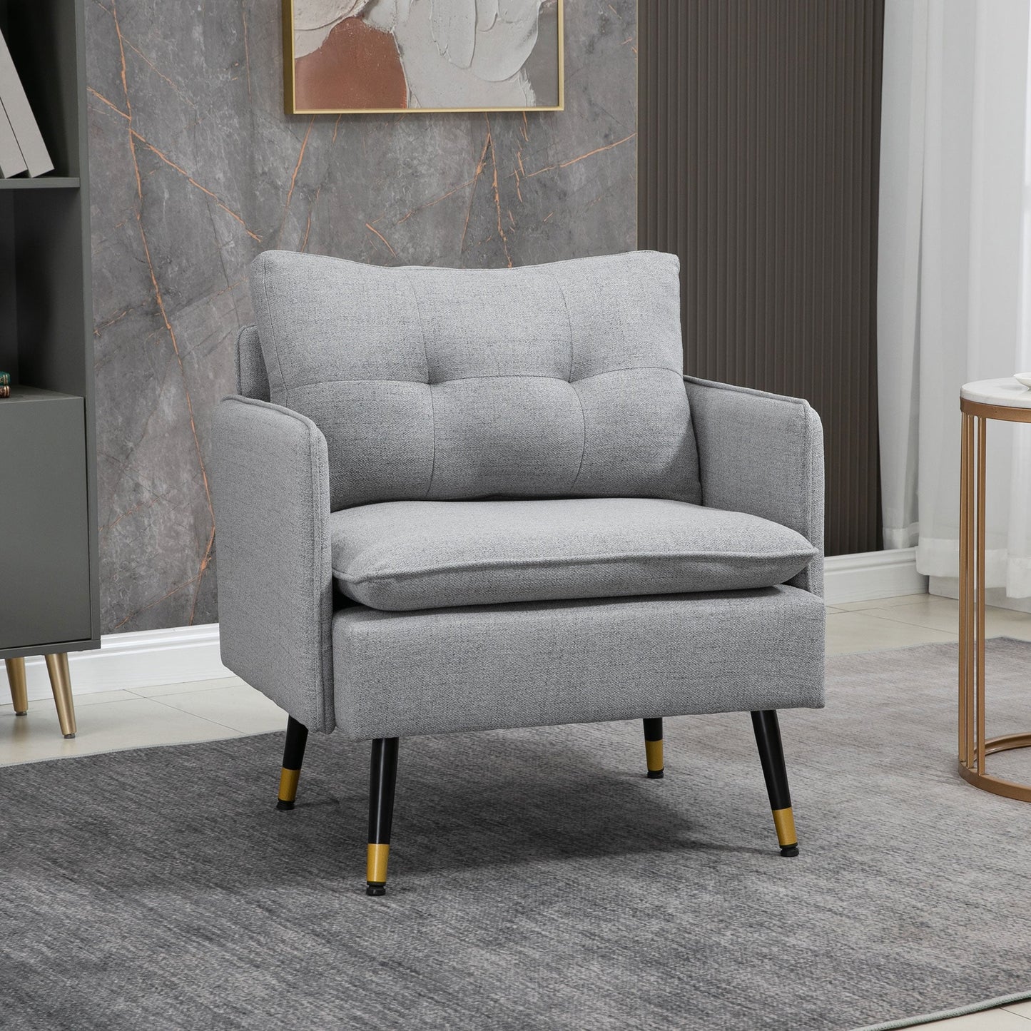 Accent Chair with Cushioned Seat and Back, Upholstered Fabric Armchair for Bedroom, Button Tufted Living Room Chair with Arms and Steel Legs, Grey Accent Chairs   at Gallery Canada