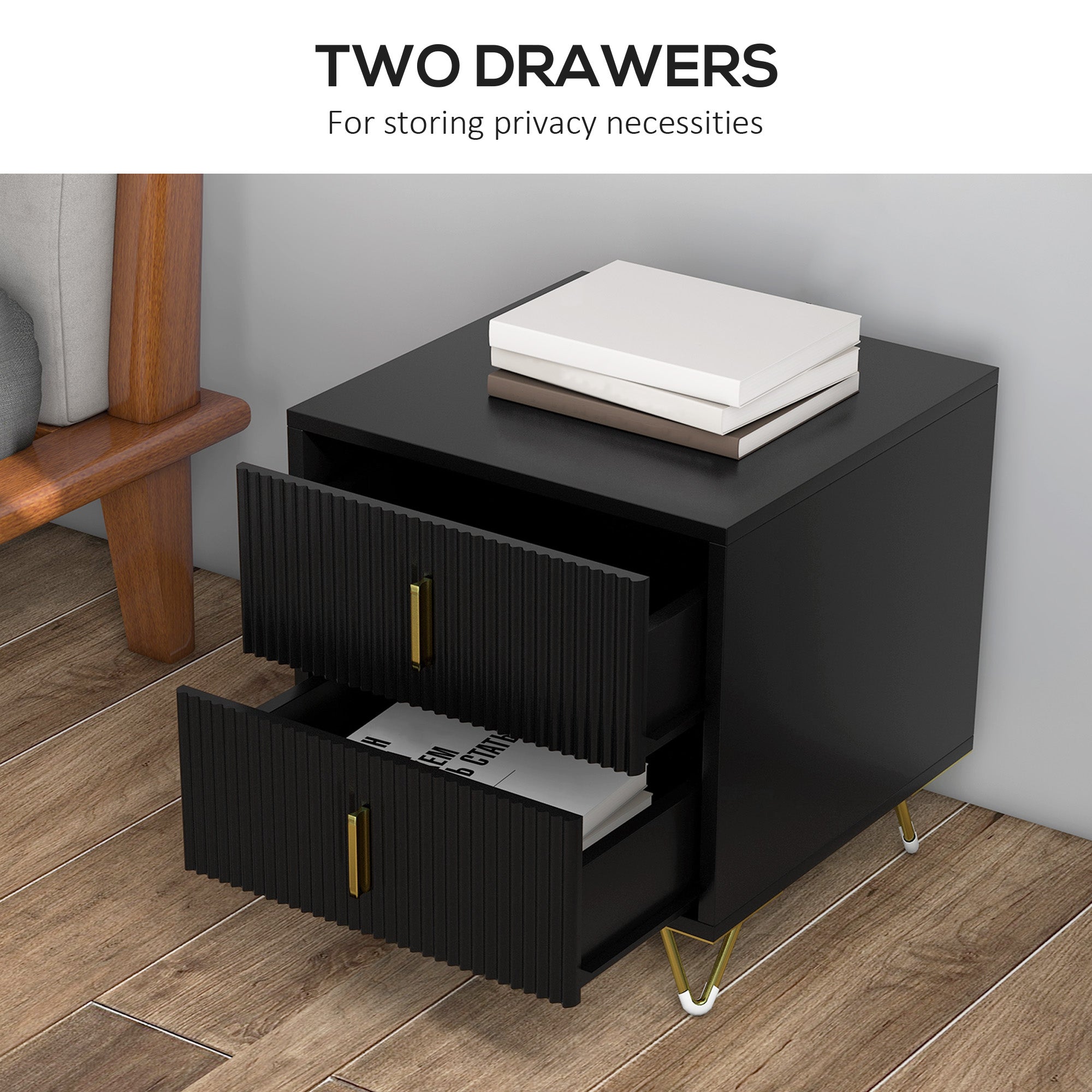 Bedside Table, Modern Nightstand with 2 Drawers, Side End Table with Metal Legs for Living Room, Bedroom, Black Bedside Tables   at Gallery Canada