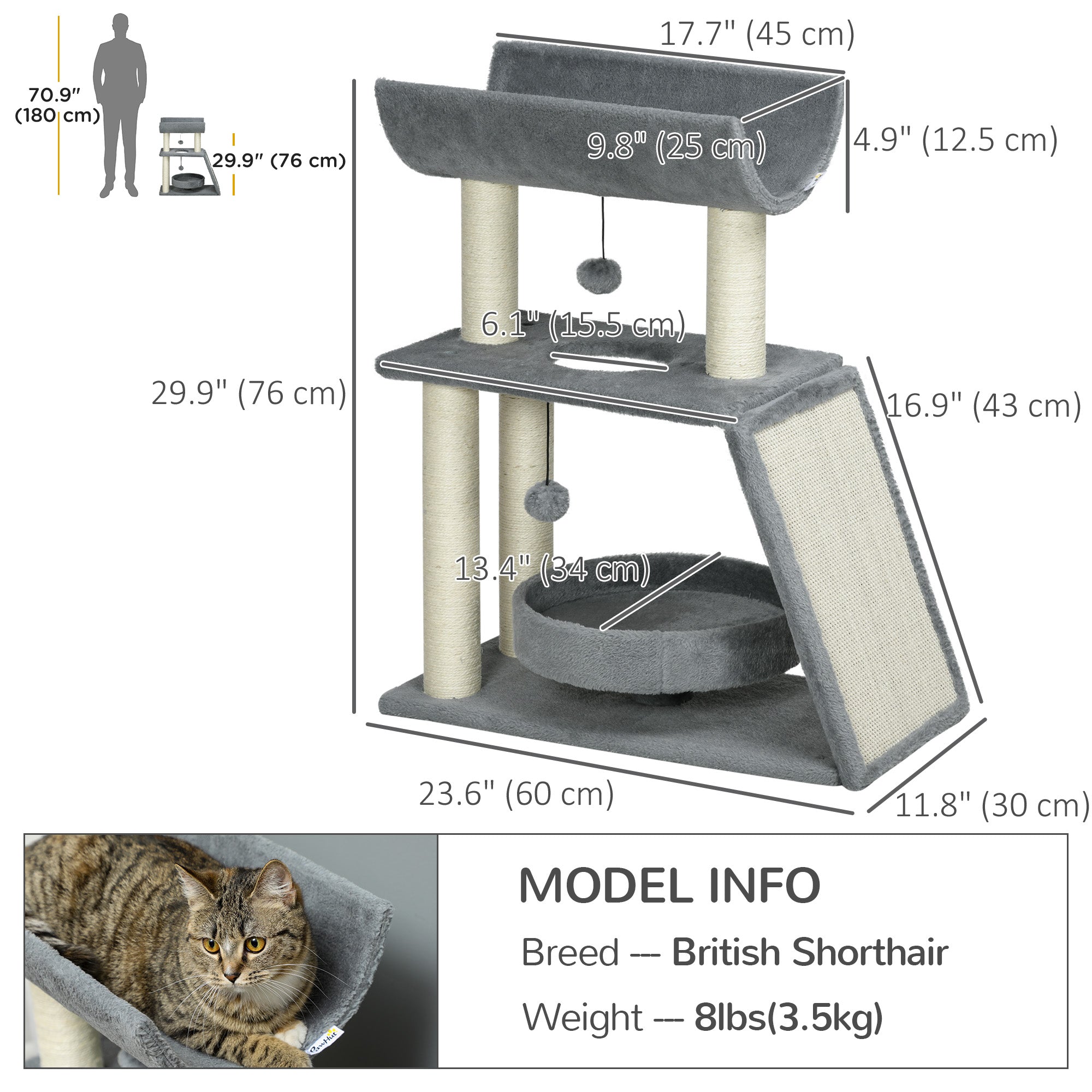 Small Cat Tree with Perch, Scratching Posts, Pad, Bed, Toy Balls, Light Grey Cat Posts Light Grey  at Gallery Canada