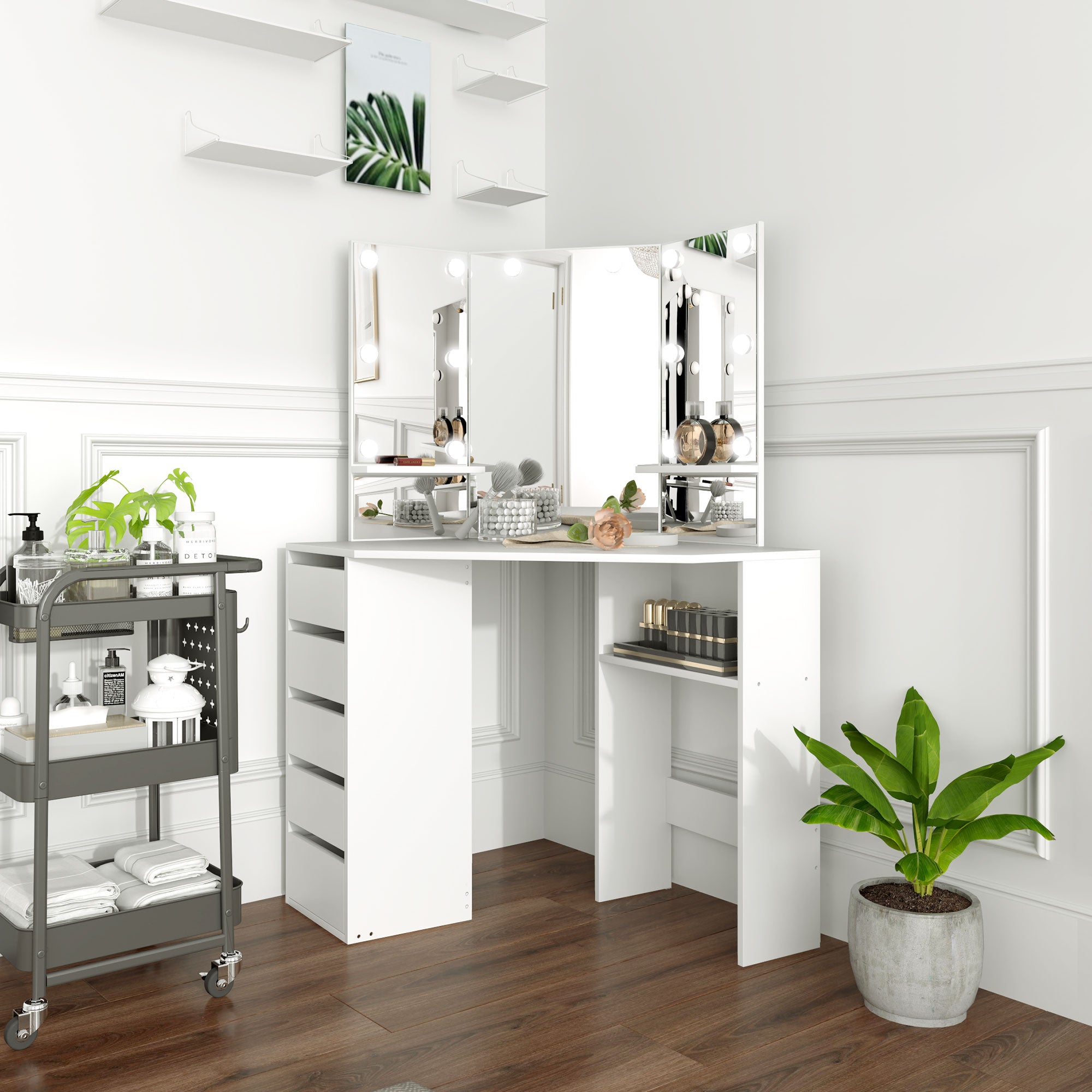 Makeup Vanity Desk with 3-Panel Mirror and 10 LED Lights, Dressing Table with 5 Drawers and Shelves for Bedroom, White Dressing & Vanity Tables at Gallery Canada