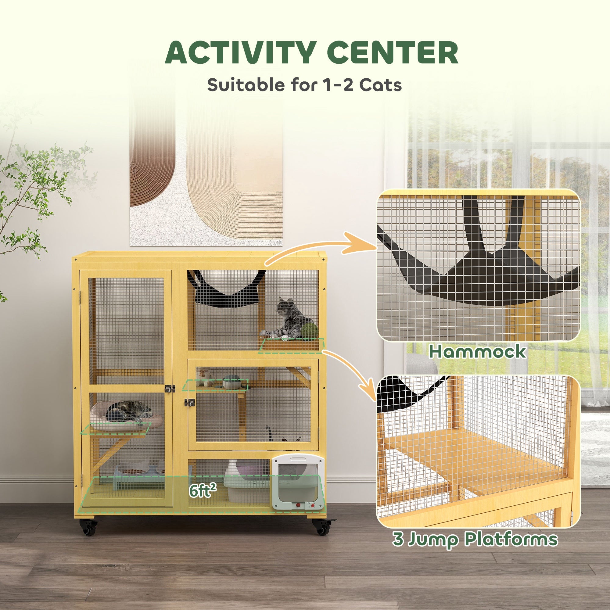 Cat Condo Wooden Indoor Cat House on Wheels with Cat Flap Door Platforms Hammock Openable Top for 2 Cats, Yellow Outdoor Cat Enclosures at Gallery Canada