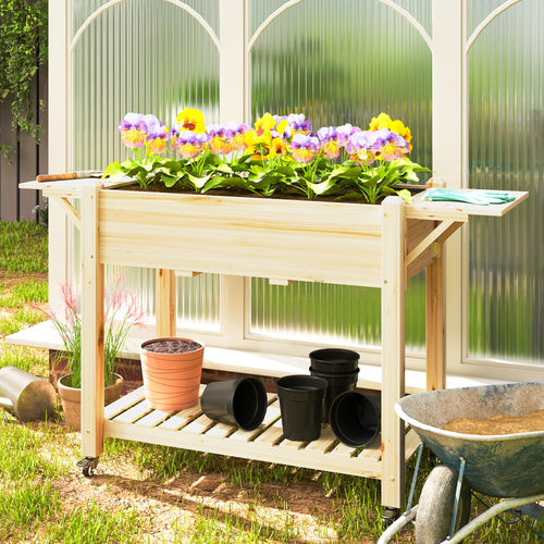 Raised Garden Bed, Wood Planter Box with Lockable Wheels, Side Tables, Bottom Shelf, Bed Liner, Drain Holes, Natural