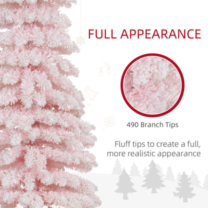 7ft Snow-Flocked Artificial Christmas Tree, Slim Pencil Xmas Tree with 490 Realistic Branches, Metal Base, Pink Flocked Christmas Trees at Gallery Canada