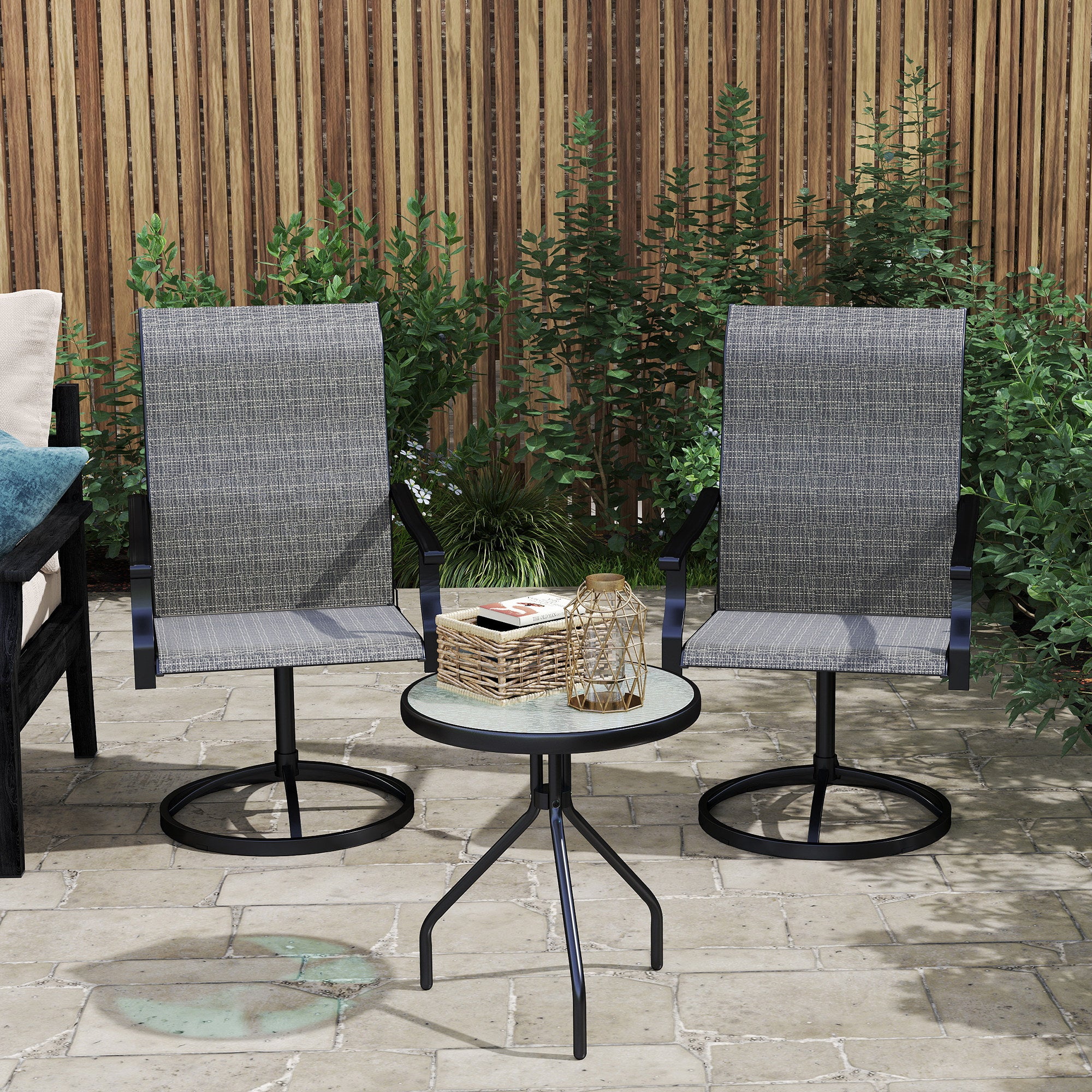 Outdoor Swivel Dining Chairs Set of 2, High Back Swivel Chairs with All Weather Mesh for Deck, Backyard, Poolside, Grey Patio Chairs at Gallery Canada