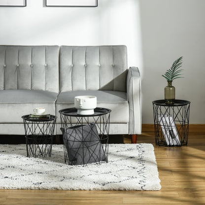 Set of 3 Nesting Coffee Tables with Storage, Round End Table with Removable Tray, Basket Side Tables with Metal Frame for Living Room, Black Side Tables   at Gallery Canada