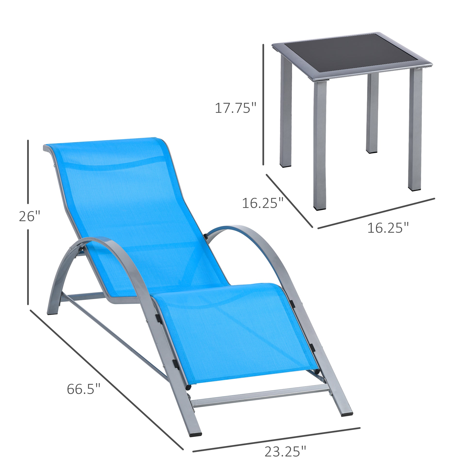 3 Pieces Patio Pool Lounge Chairs Set, Outdoor Chaise lounge with 2 S-Shaped Sunbathing Chairs and a Glass Top Table, for Yard Garden, Blue Lounger Chairs   at Gallery Canada