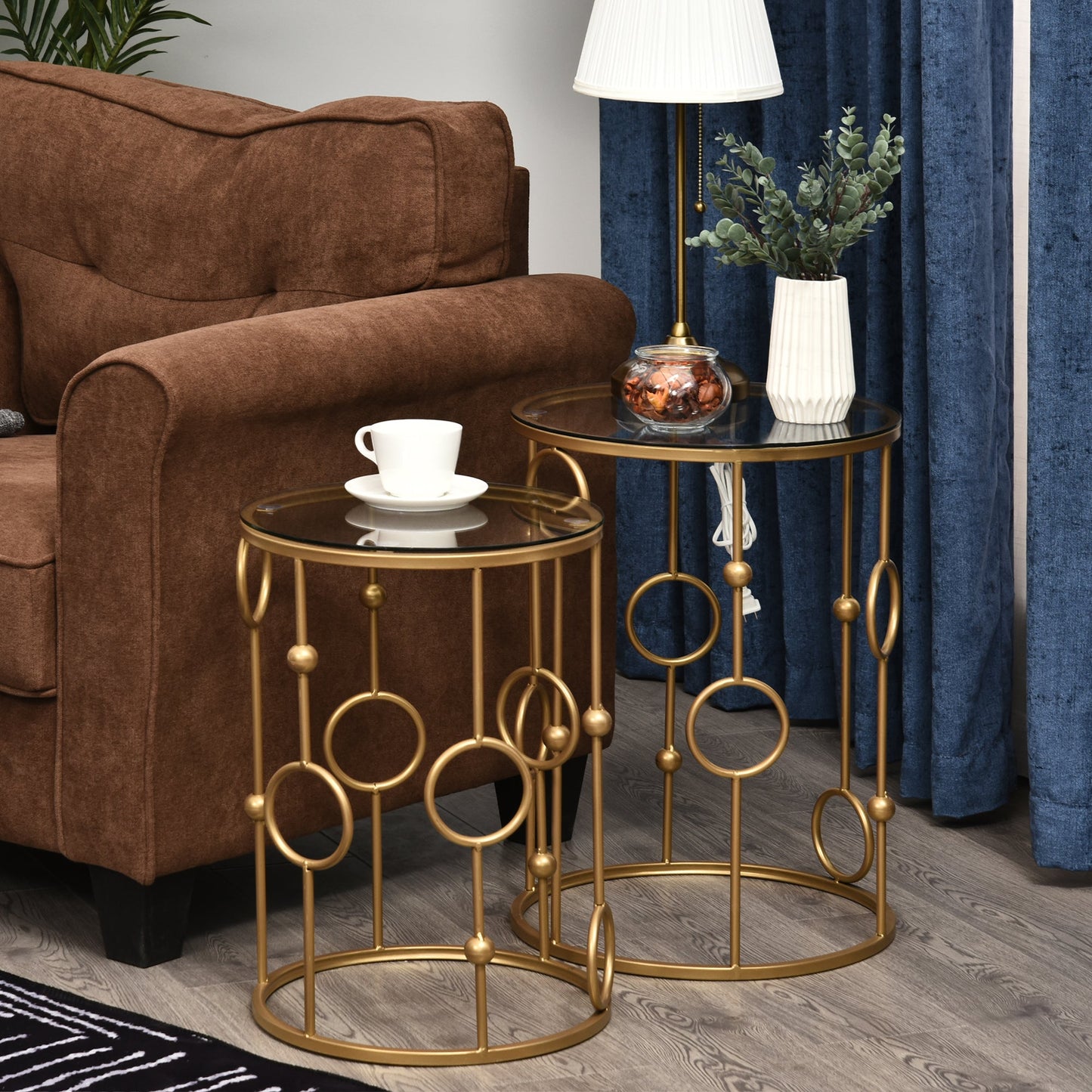 Round Coffee Tables Set of 2, Gold Nesting Side End Tables with Tempered Glass Top, Steel Frame for Living Room Coffee Tables   at Gallery Canada