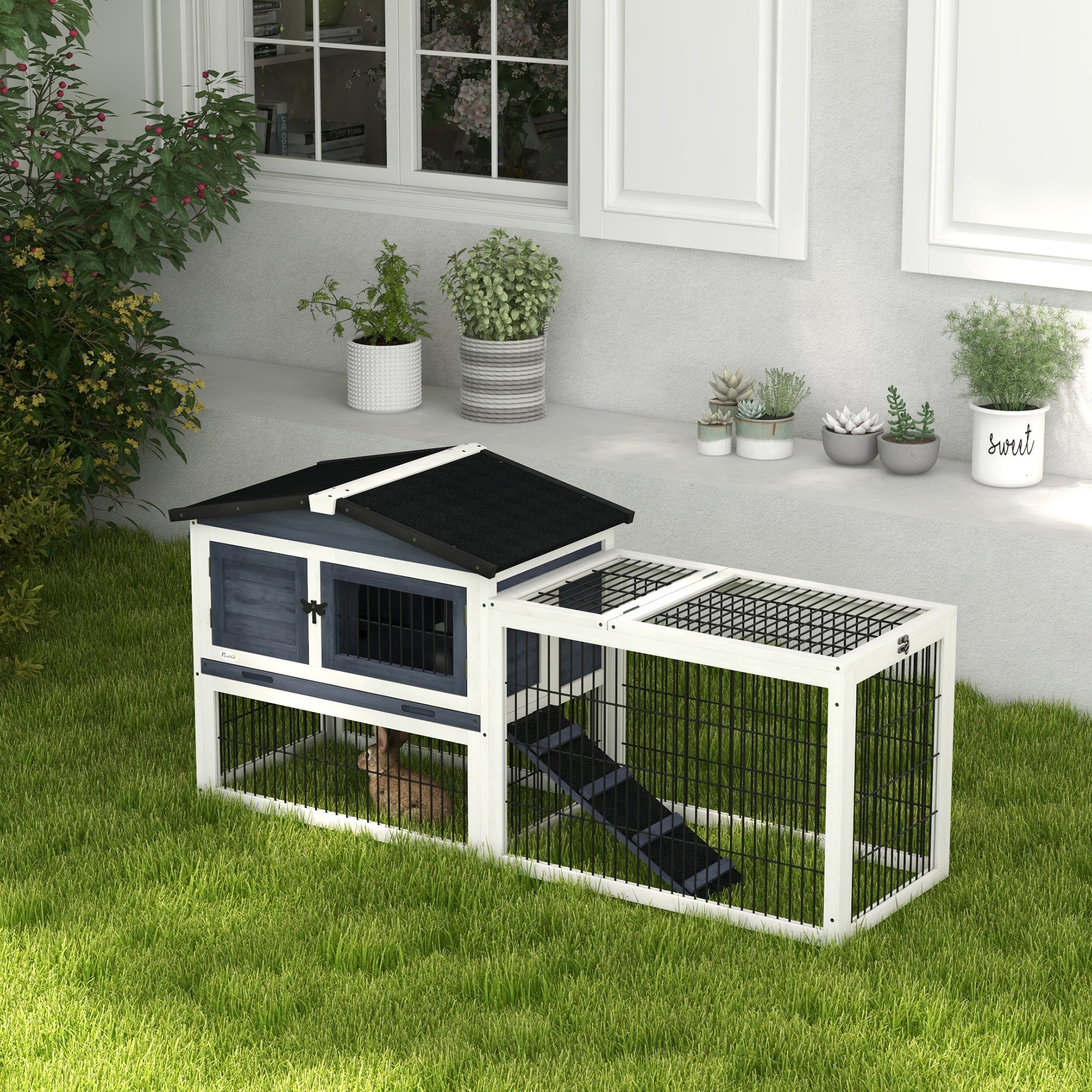 Wood Rabbit Hutch w/ Ramp, Openable Roof, Pull-out Tray, Dark Grey Rabbit Hutch   at Gallery Canada