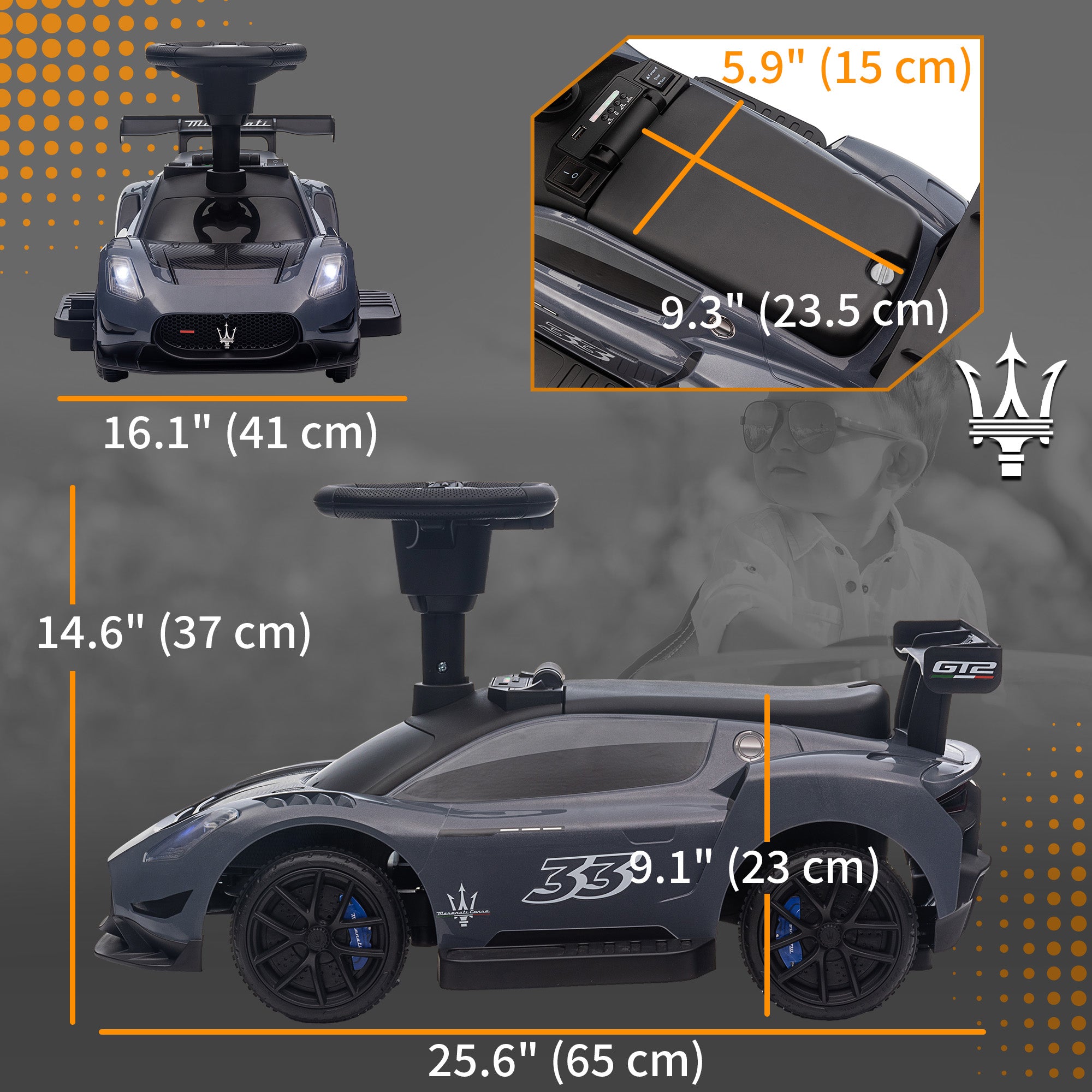 6V Maserati GT2 Licensed Electric Car for Kids, Ride on Car with Under Seat Storage, LED Headlights Music, Grey Electric Toy Cars   at Gallery Canada