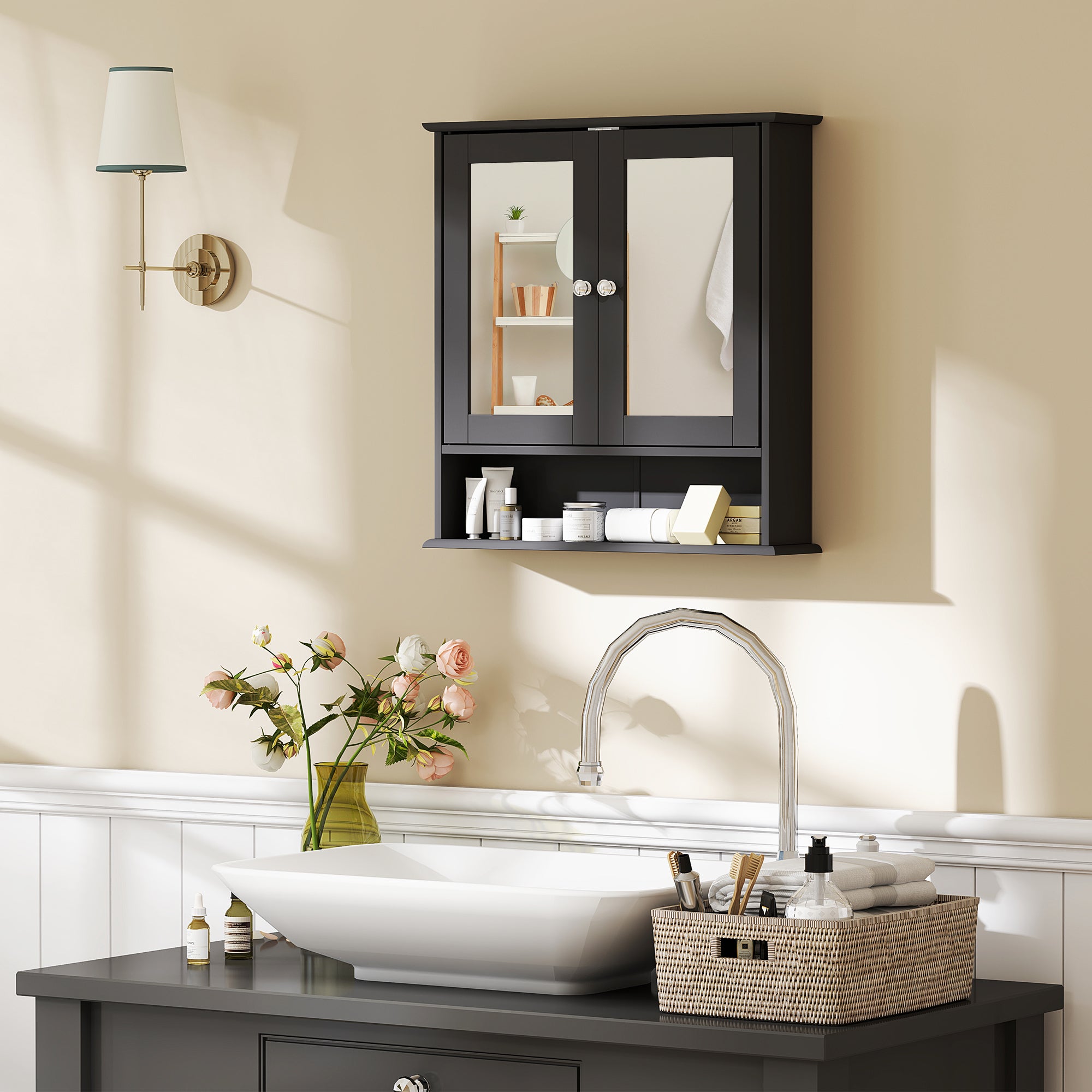 Medicine Cabinet, Wall-Mounted Bathroom Mirror Cabinet with Double Doors, Open Shelf, and Adjustable Shelf, Modern Bathroom Wall Cabinet, Black Mirror Medicine Cabinets at Gallery Canada