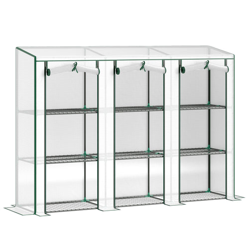 Lean-to Greenhouse with 3 Tier Shelves, Mini Greenhouse with 3 Roll-Up Doors for Indoor Outdoor, White