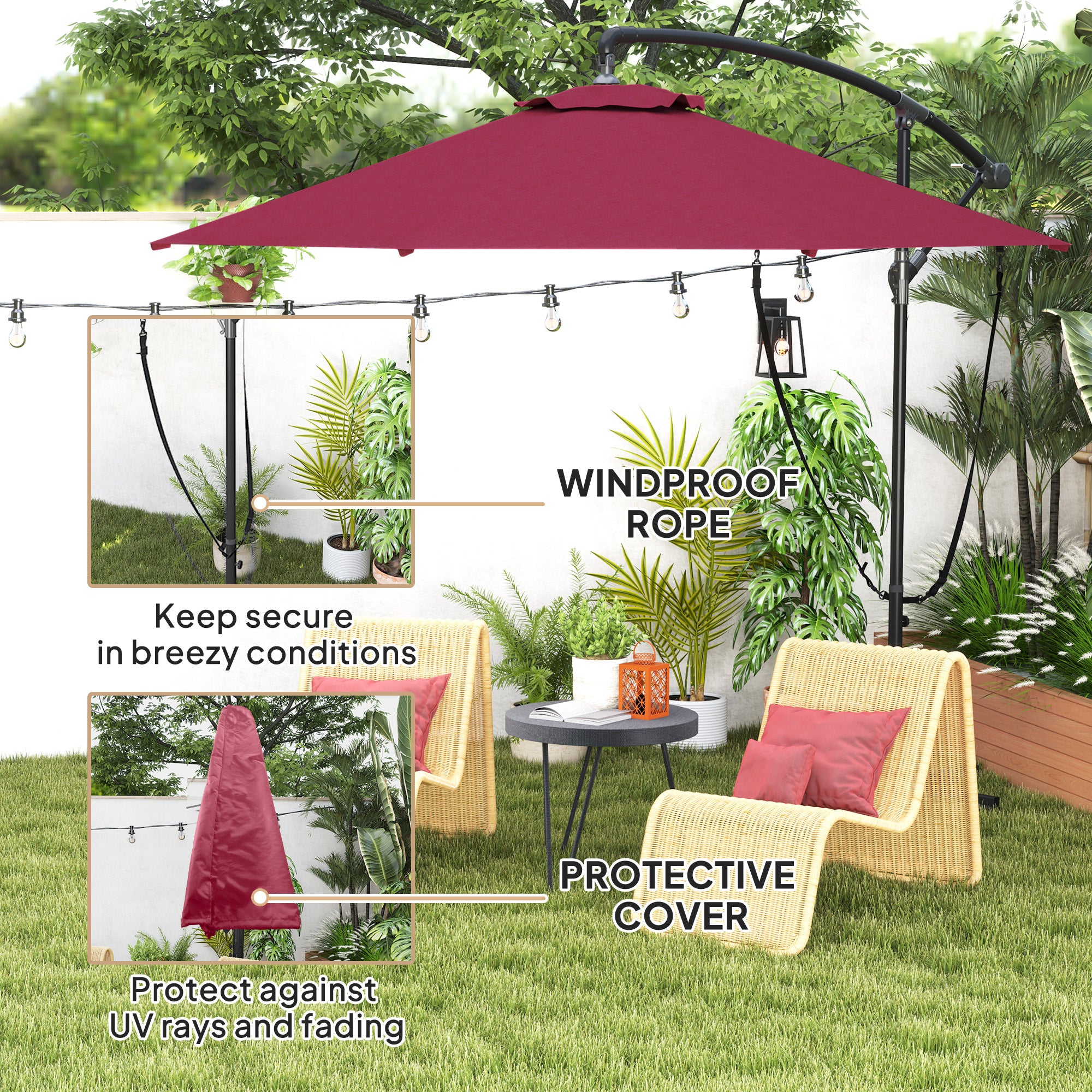 9.5' Cantilever Umbrella with Wind Protection Strap and Cover, Hanging Umbrella with Crank and Cross Base, UPF 50+, Red Offset Cantilever Umbrellas at Gallery Canada
