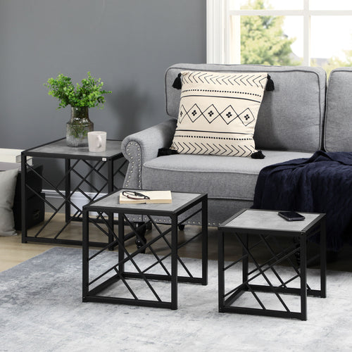 Nest of Tables Set of 3, Square Coffee Table Set with Metal Frame for Living Room, Bedroom, Grey