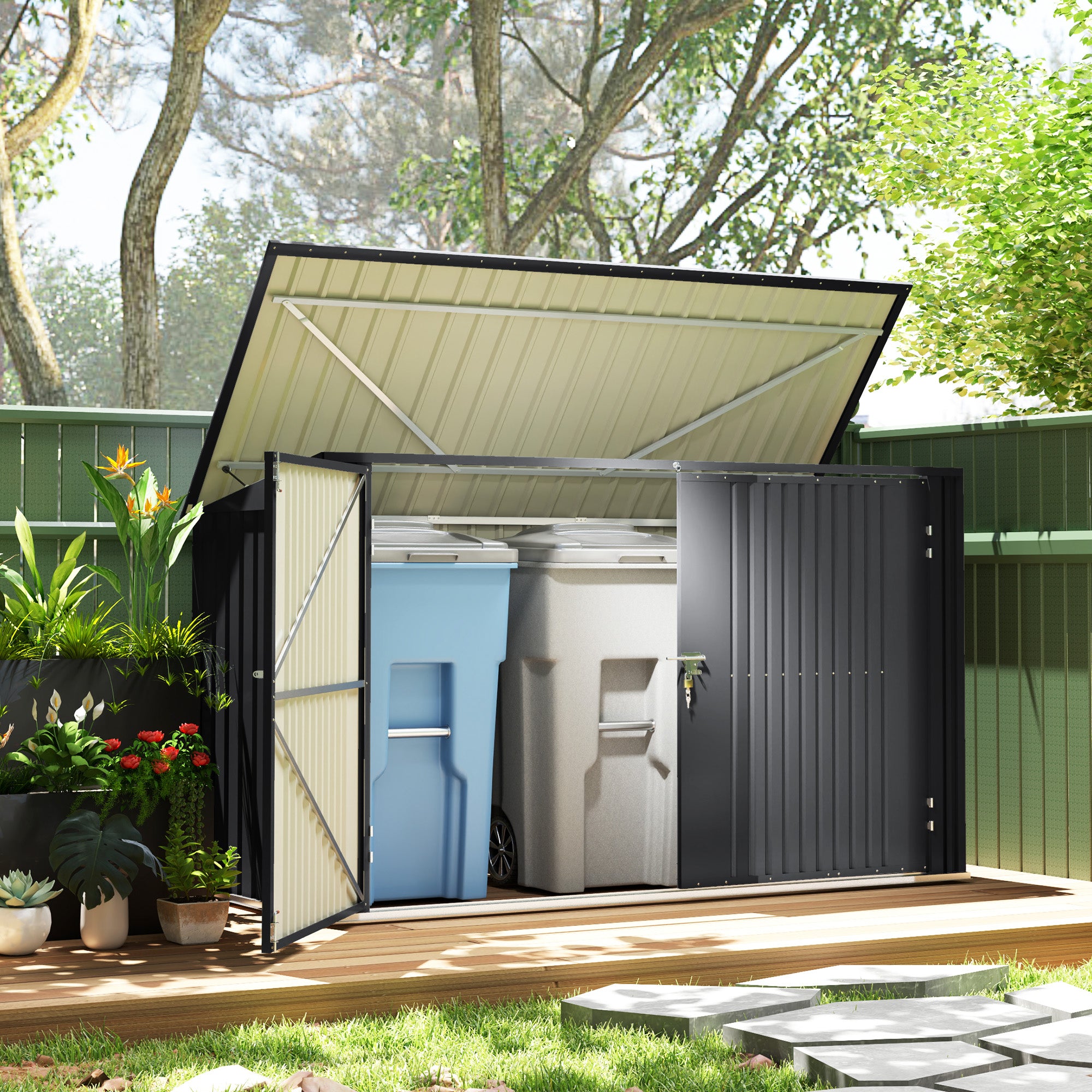 7.6 x 3.4ft Outdoor Storage Shed, Triple Garbage Bin Shed Organizer with Lockable Double Doors and Openable Lid Sheds at Gallery Canada