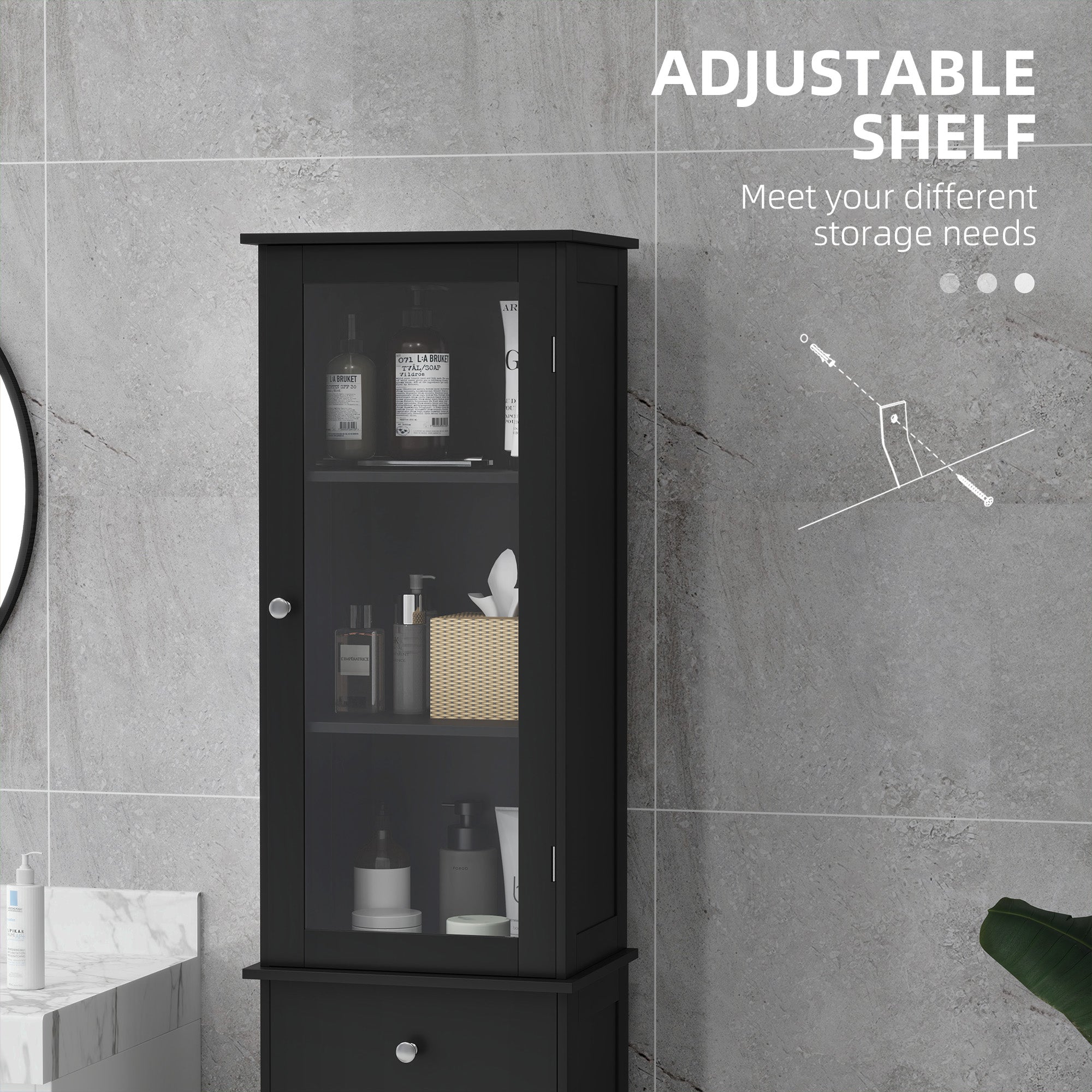 Tall Bathroom Cabinet, Bathroom Storage Cabinet with Drawers, 2 Doors and Adjustable Shelves, Black Bathroom Cabinets at Gallery Canada