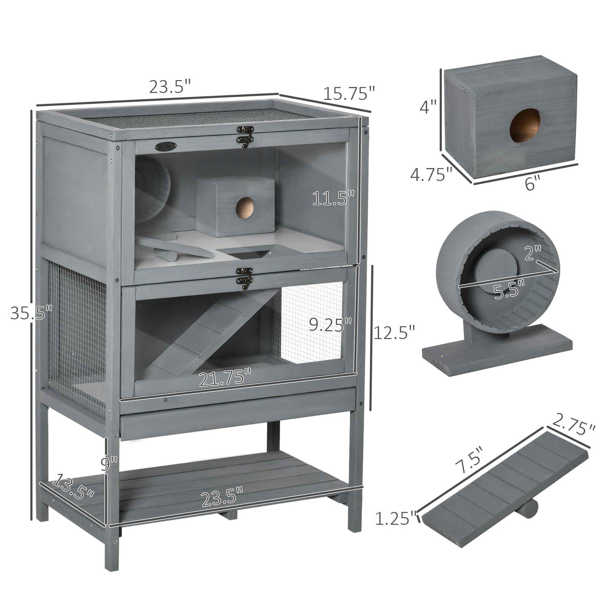 Wooden Hamster Cage, Mice Rodent Small Animals Kit Hutch with Storage, Sliding Tray Seesaw Running Wheel Lockable Roof Hamster Cages Grey  at Gallery Canada